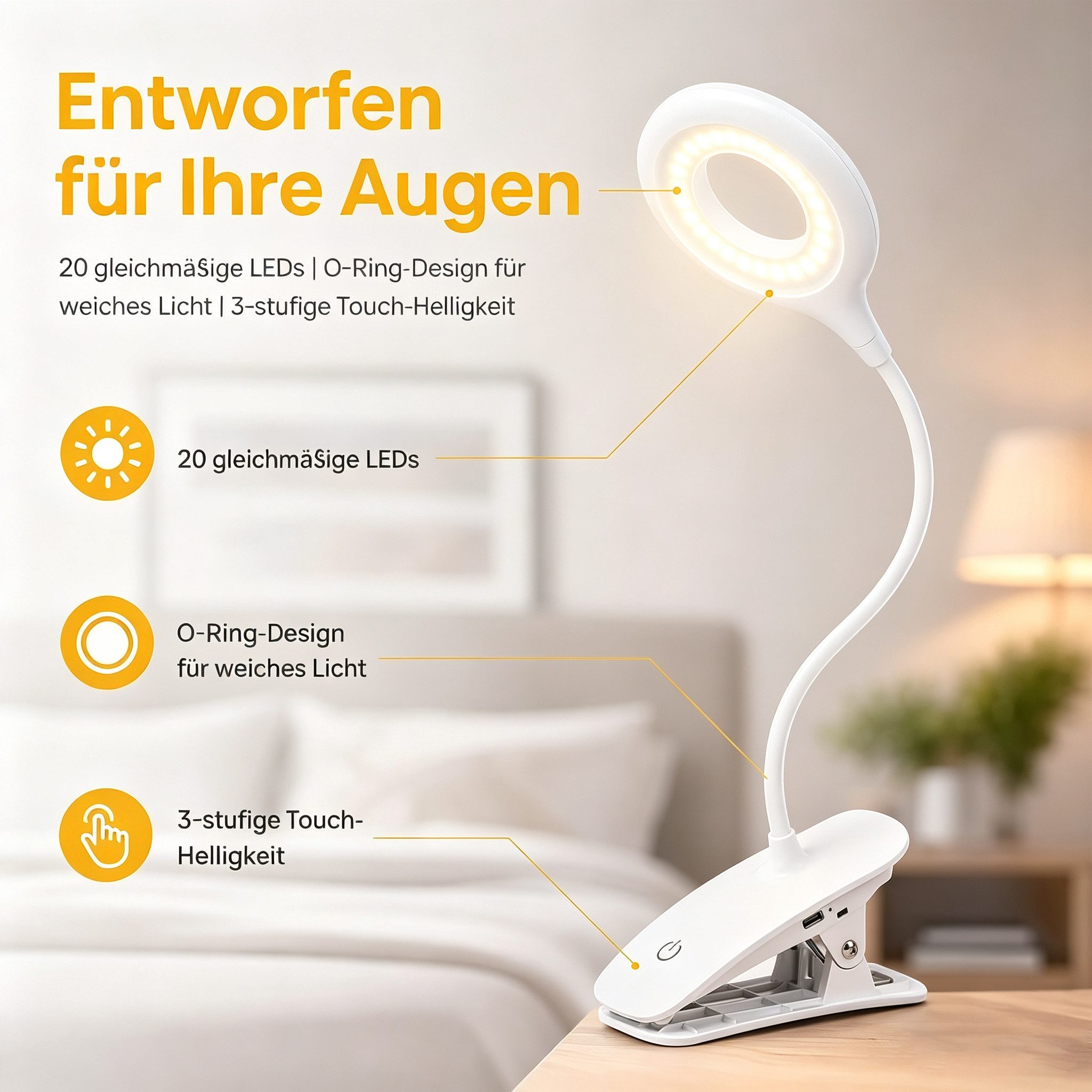 ibettertec LED Leselampe Leselampe Bett Klemmlampe Augenschutz Buchlampe 360° Flexibel, LED fest integriert, Neutralweiß, Kaltweiß, Warmweiß