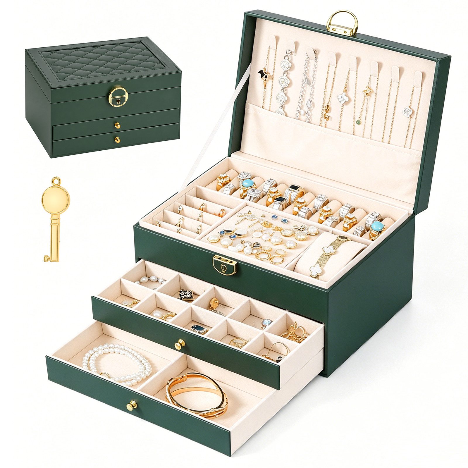 BlingBin Schmuckkasten Schmuckkästchen 3 Ebenen, Schmuckaufbewahrung mit 2 Schubladen (1er Set, 1 St., Schmuckschatulle, abschließbar, Tiefgrün), Schmuck Organizer mit Kettenhaken Ringrollen Ohrringfach Uhrenfach