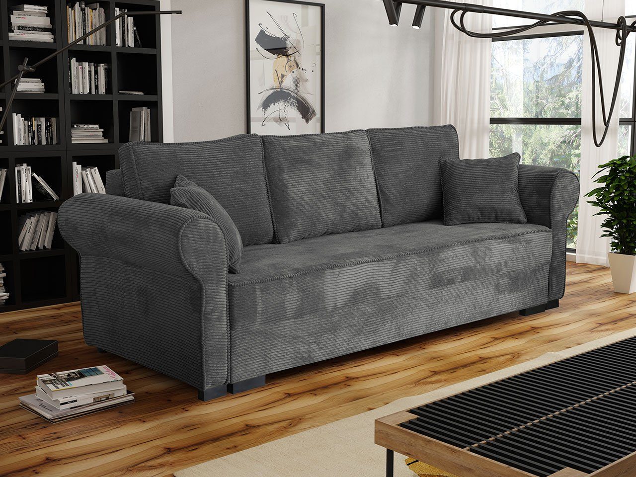 MIRJAN24 Schlafsofa Olimpia Cord, mit Schlaffunktion und Bettkasten, Freistehendes Sofa, 3 Sitzer, Kissen Set