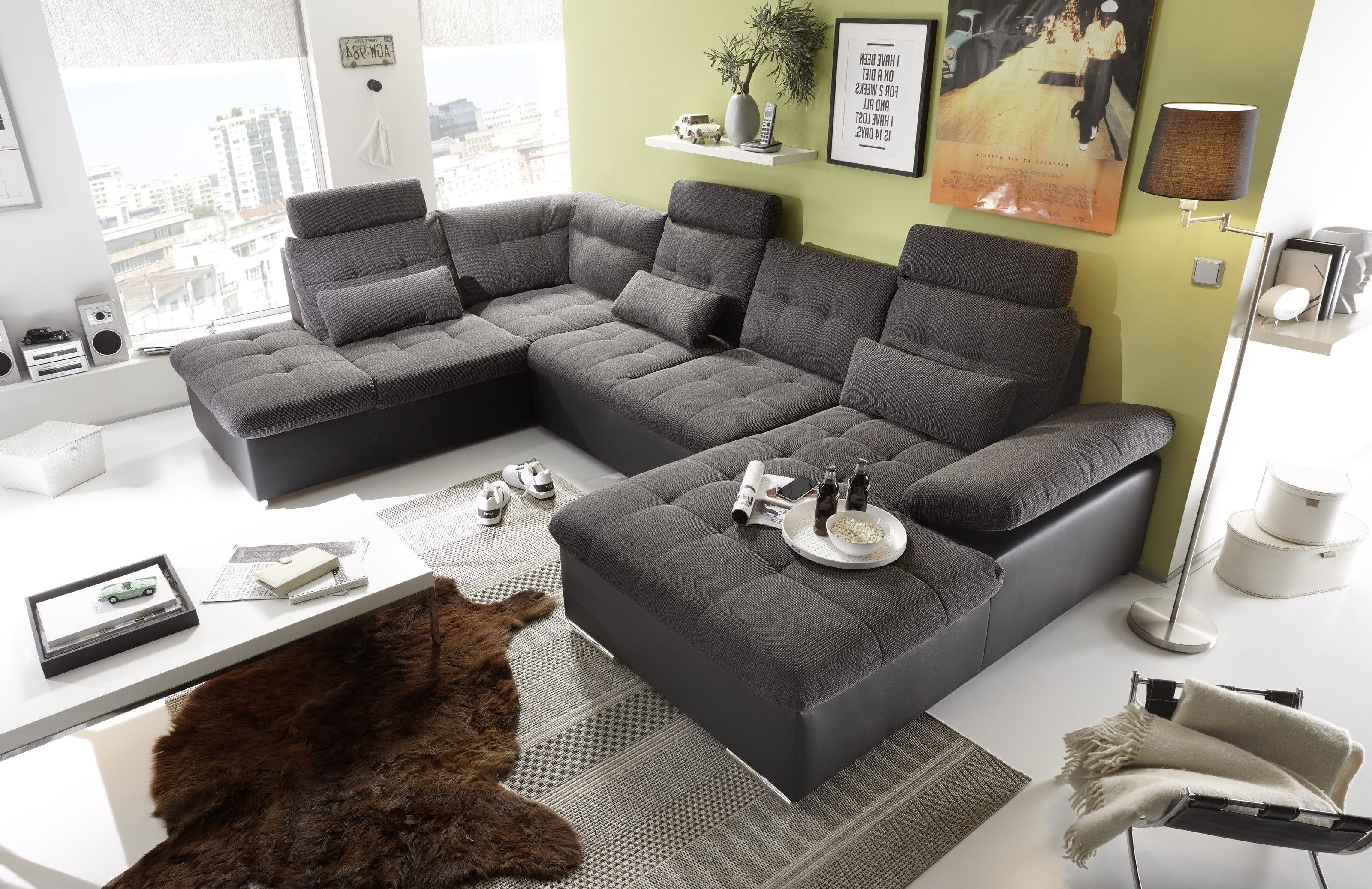 freiraum Wohnlandschaft Jakarta, Schlaffunktion, schwarz / anthrazit lava - 324x107x170/218 (BxHxT)