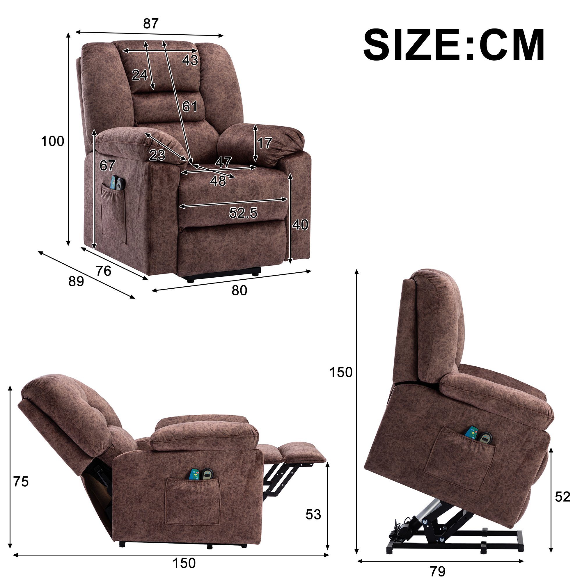 TV-Sessel (Fernsehsessel mit Aufstehhilfe, Schlafsessel, Relaxsessel, Massagesessel, Liegefunktion, Wärmefunktion und Vibrationsmassage), bis zu 150 kg belastbar, Stoff, Braun / Grau