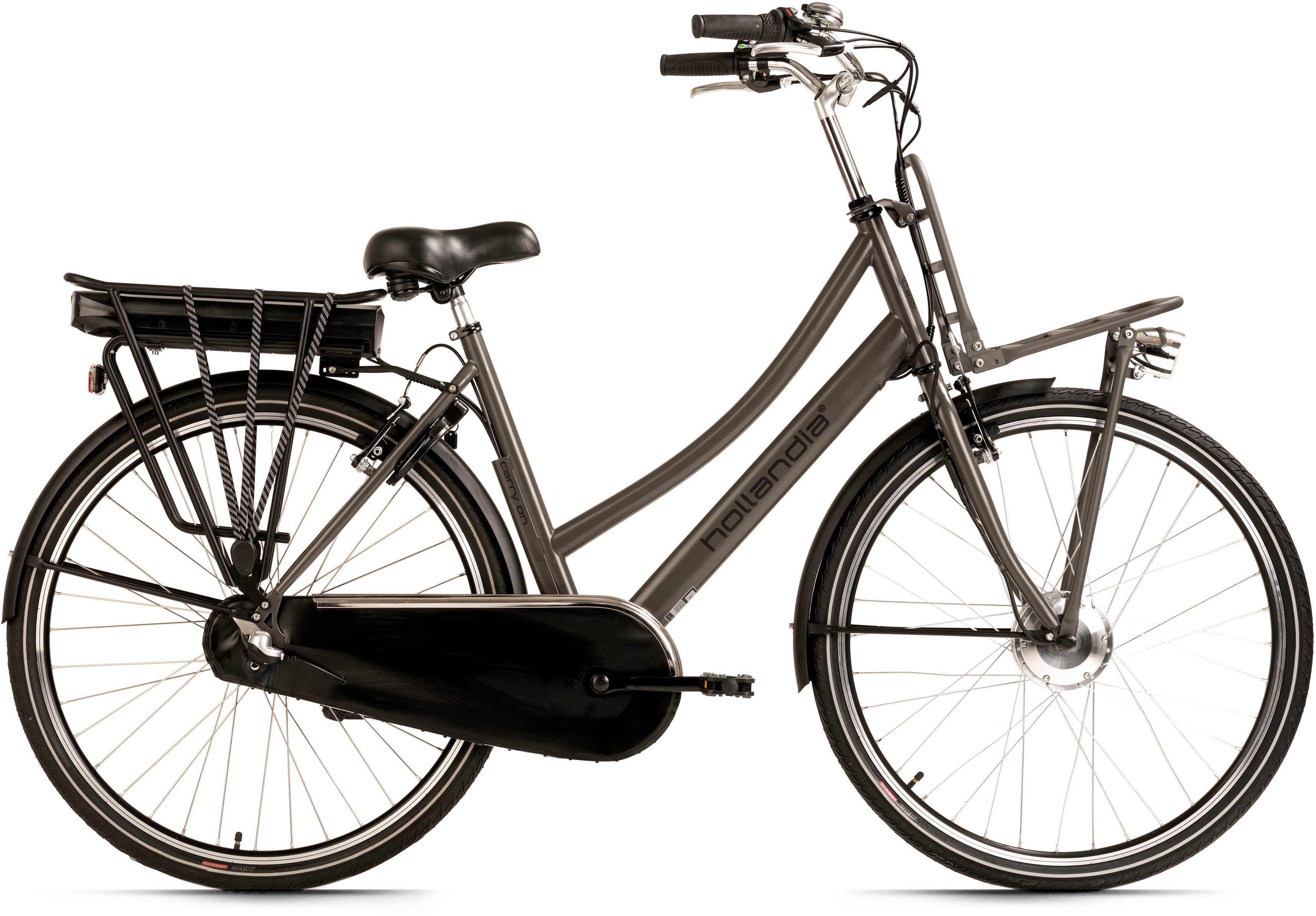 Hollandia E-Bike Carry On, 3 Gang Shimano Nexus Schaltwerk, Nabenschaltung, Frontmotor, 468 Wh Akku, Pedelec, Elektrofahrrad für Damen, Cityrad