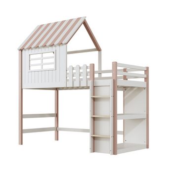 XDeer Kinderbett Heimbett 90x200 cm für Jungen und Mädchen Dachform Lattenrost, Ablagefach Multifunktionsbett Massivholzbett mit Sicherheitsleiter