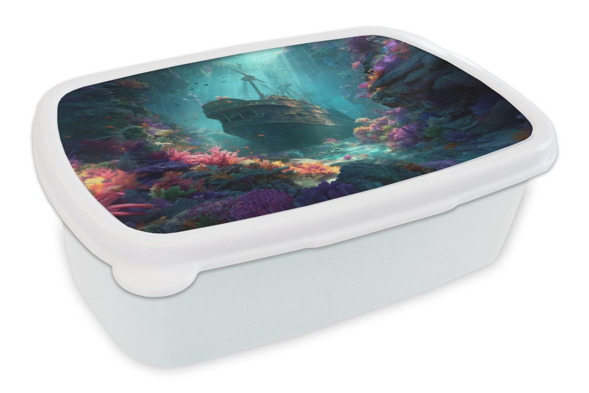 MuchoWow Lunchbox Schiff - Holz - Korallenriffe - Sonnenlicht, Kunststoff, (2-tlg), Brotdose Schule oder Arbeit, Brotbox für Kinder und Erwachsene