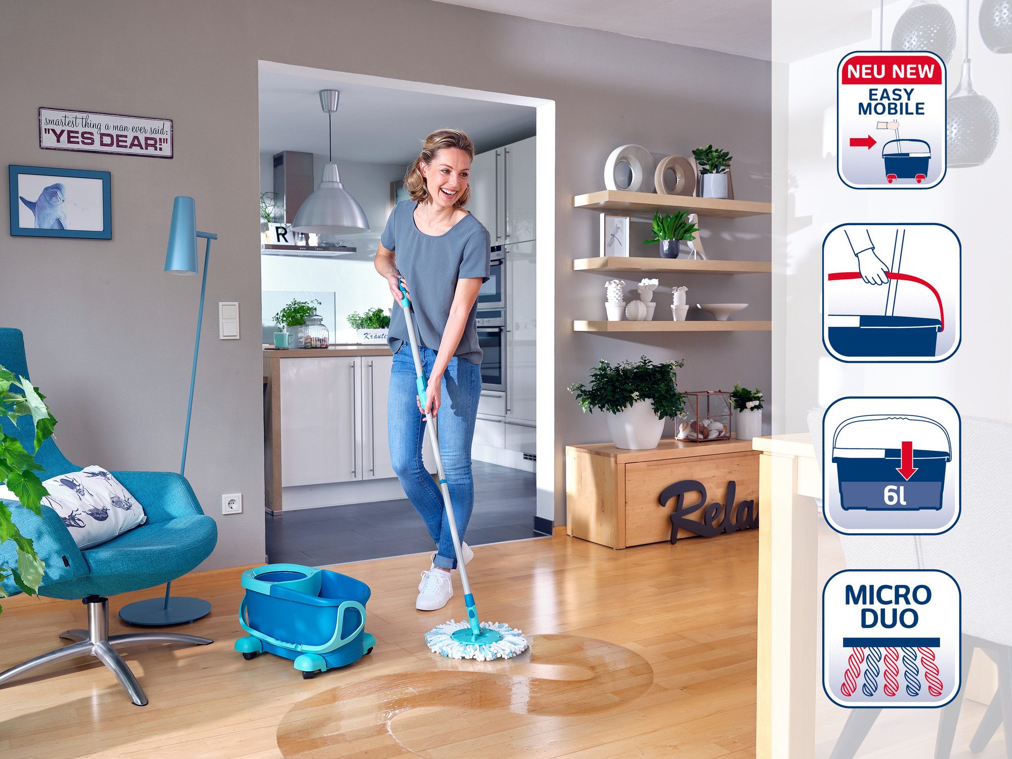 Leifheit Bodenwischer-Set Set CLEAN TWIST Disc Mop Ergo Mobile, (5-St), Drill-Stiel-Mechanik, 360° Kardan-Gelenk, verstellbar (109 - 140 cm)