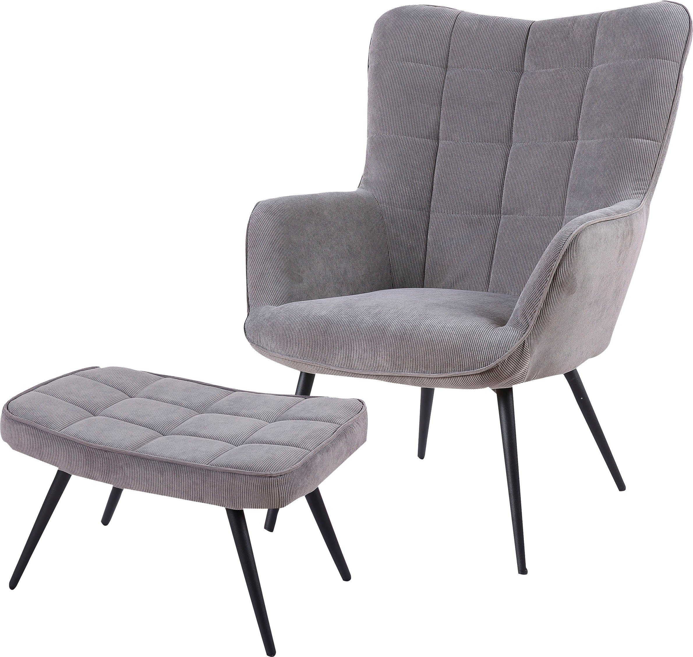 byLIVING Sessel Uta (1-St), Cord, in Samt mit oder wahlweise | Webstoff grau Hocker, oder grau ohne