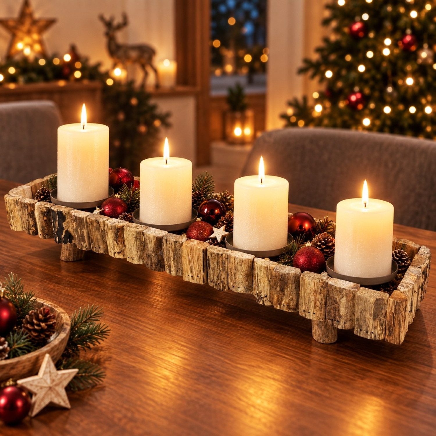 Online-Fuchs Adventskranz länglich aus Holz für Stumpenkerzen - Weihnachtsdekoration, natürlicher rustikaler Look mit zusätzlichen Dekorationsmöglichkeiten