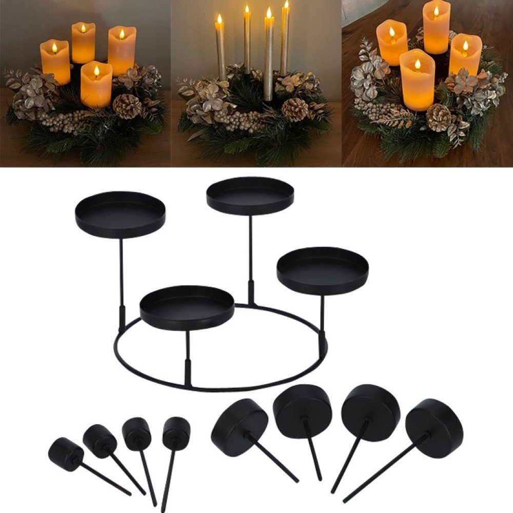 Online-Fuchs Kerzenständer 3 in 1 Kerzenhalter aus Metall in Schwarz, ideal als Adventskranz (Individuell in der Gestaltung, Halter für je 4 Stumpenkerzen, 4 Stabkerzen oder 4 Teelichter), Grundgestell 20 cm Durchmesser