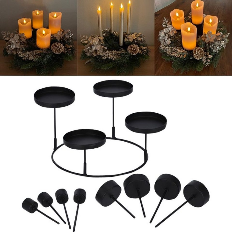 Online-Fuchs Kerzenständer 3 in 1 Kerzenhalter aus Metall in Schwarz, ideal  als Adventskranz (Individuell in der Gestaltung, Halter für je 4  Stumpenkerzen, 4 Stabkerzen oder 4 Teelichter), Grundgestell 20 cm  Durchmesser