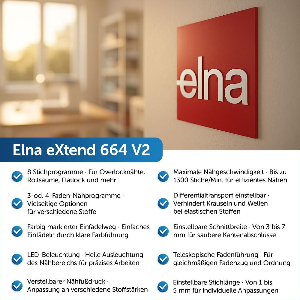 Elna Overlock-Nähmaschine - eXtend 664 V2 - 4 Faden Overlock