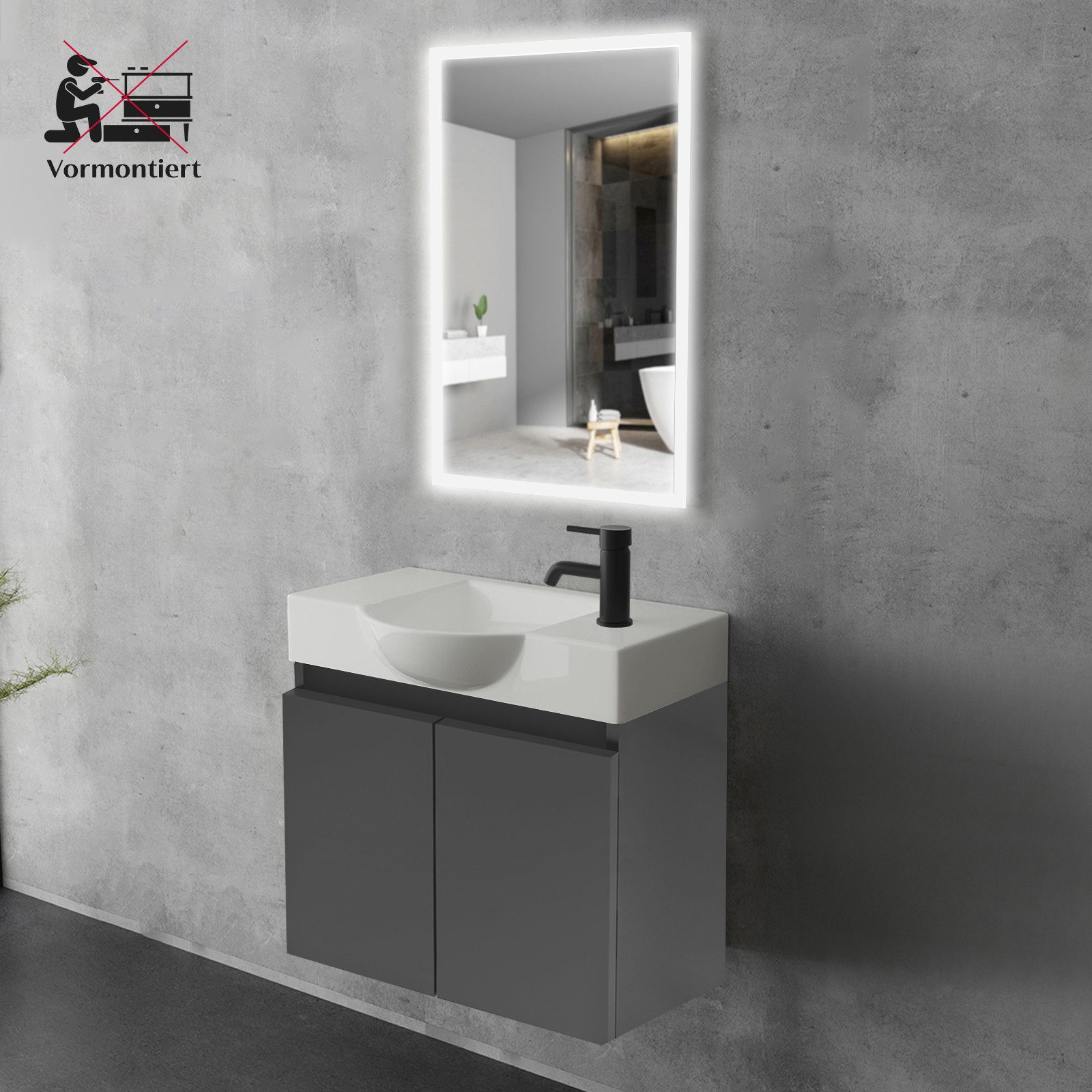 Alpenberger Badmöbel-Set Gäste WC Waschbecken mit Unterschrank klein hängend 55 cm Breit, (Waschplatz mit Waschbecken Eckig Oval, Gäste WC Möbel, Badmöbel in An – Bild 3 von 5