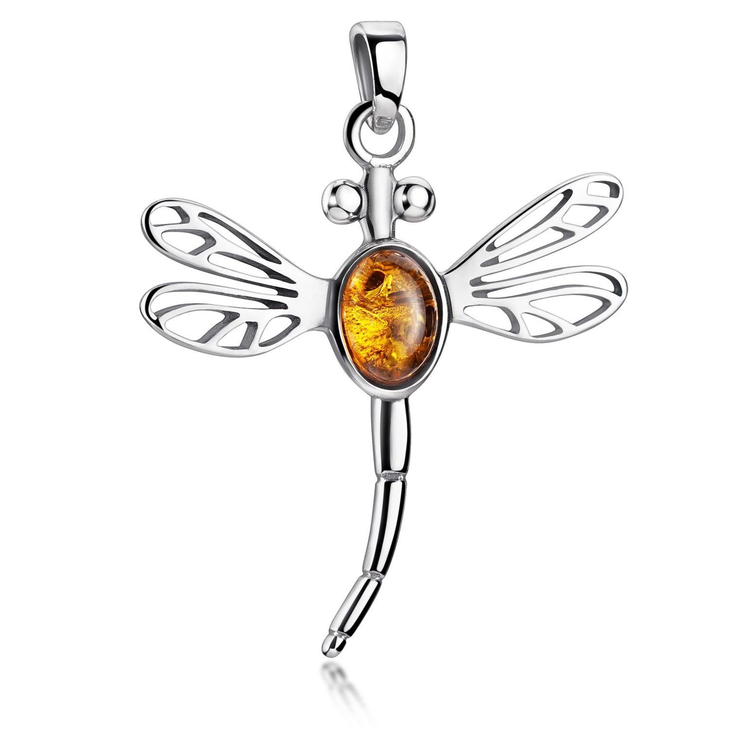 Materia Kettenanhänger Damen Silber Libelle Insekt Bernstein Orange KA-39, 925 Sterling Silber, rhodiniert