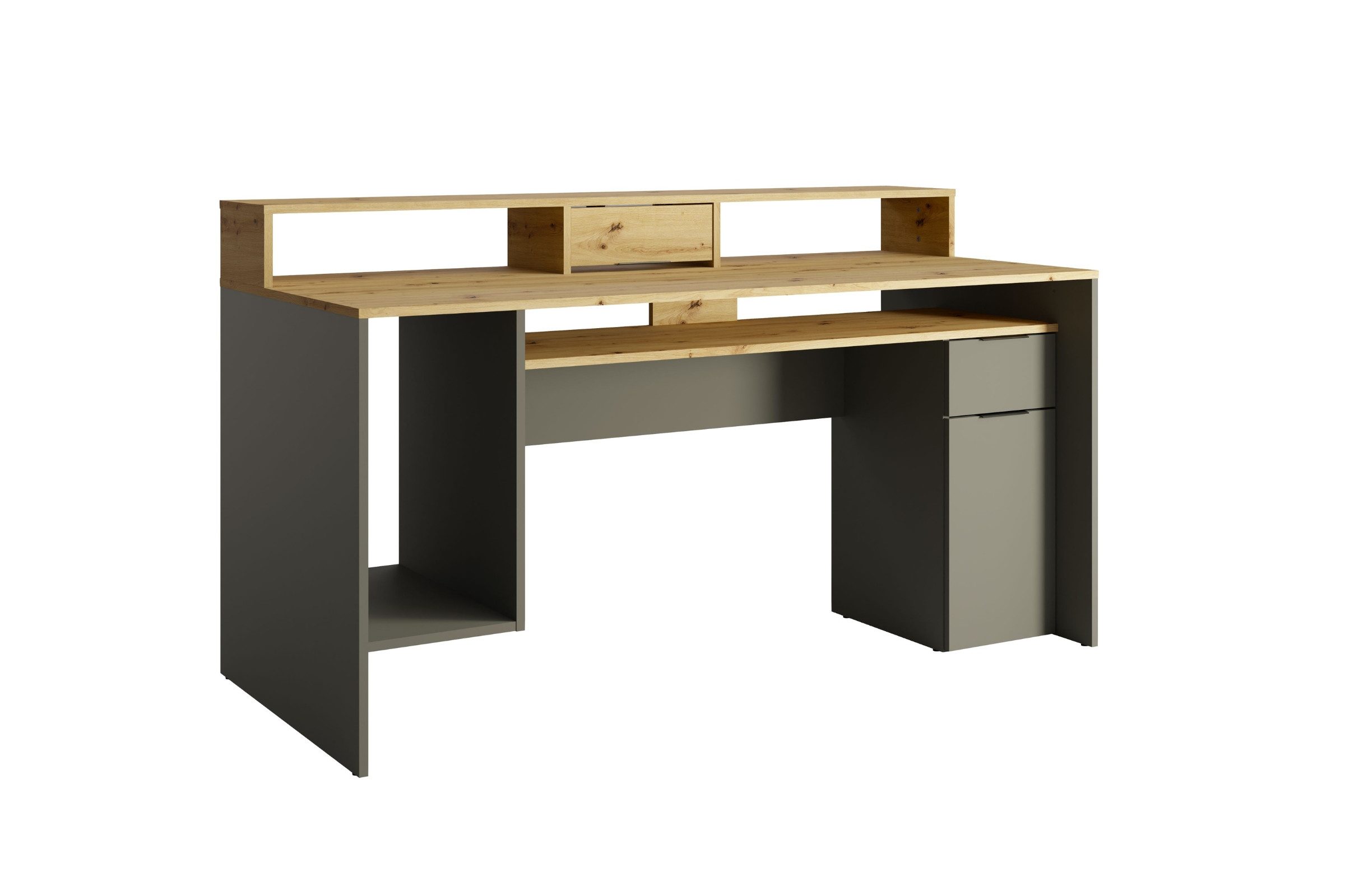 Deine Möbel 24 Gamingtisch ROX 160 cm – Schreibtisch für Gaming & Homeoffice (Set, 1-St., Große Arbeitsfläche für mehrere Monitore, PC und Gaming-Equipment), mit Stauraum, Graphit / Artisan Eiche