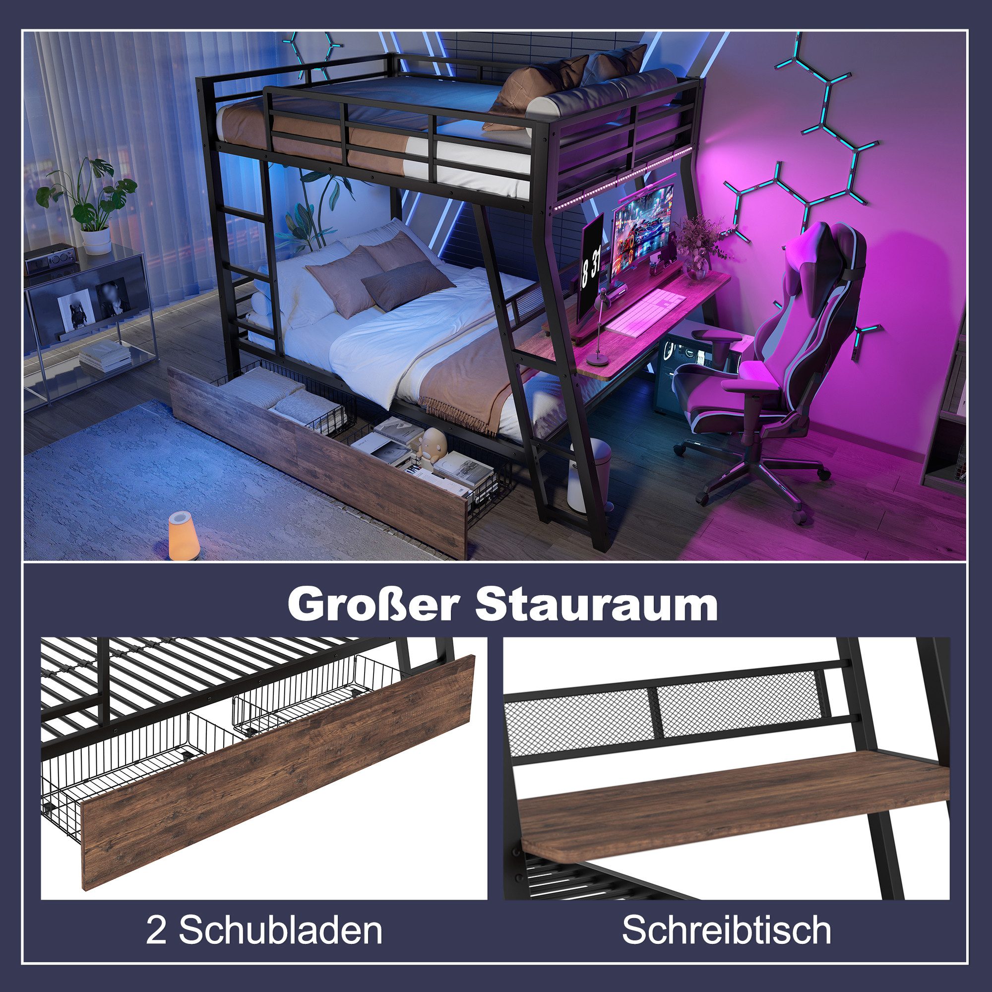 Merax Etagenbett mit LED-Beleuchtung (1-St), Metallbett Hochbett 90x200cm mit Schreibtisch Schubladen und Geländer – Bild 4 von 5