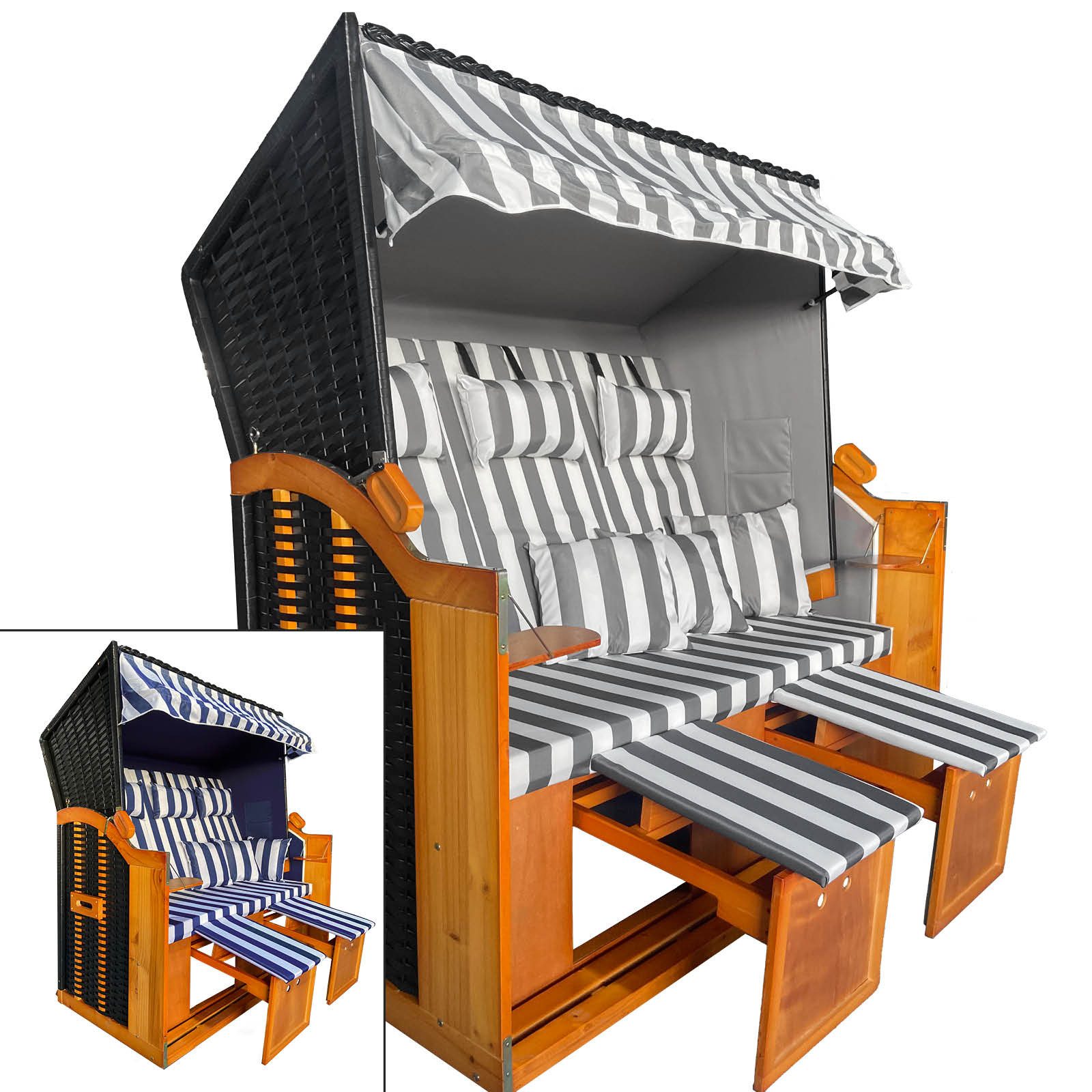 BRAST Strandkorb 3-Sitzer XL für 2-3 Personen, 155cm breit, 2 Designs, BxTxH: 155x78x160 cm, Volllieger, Ostsee, (verstellbare Rückenlehne), Tragkraft bis zu 500kg