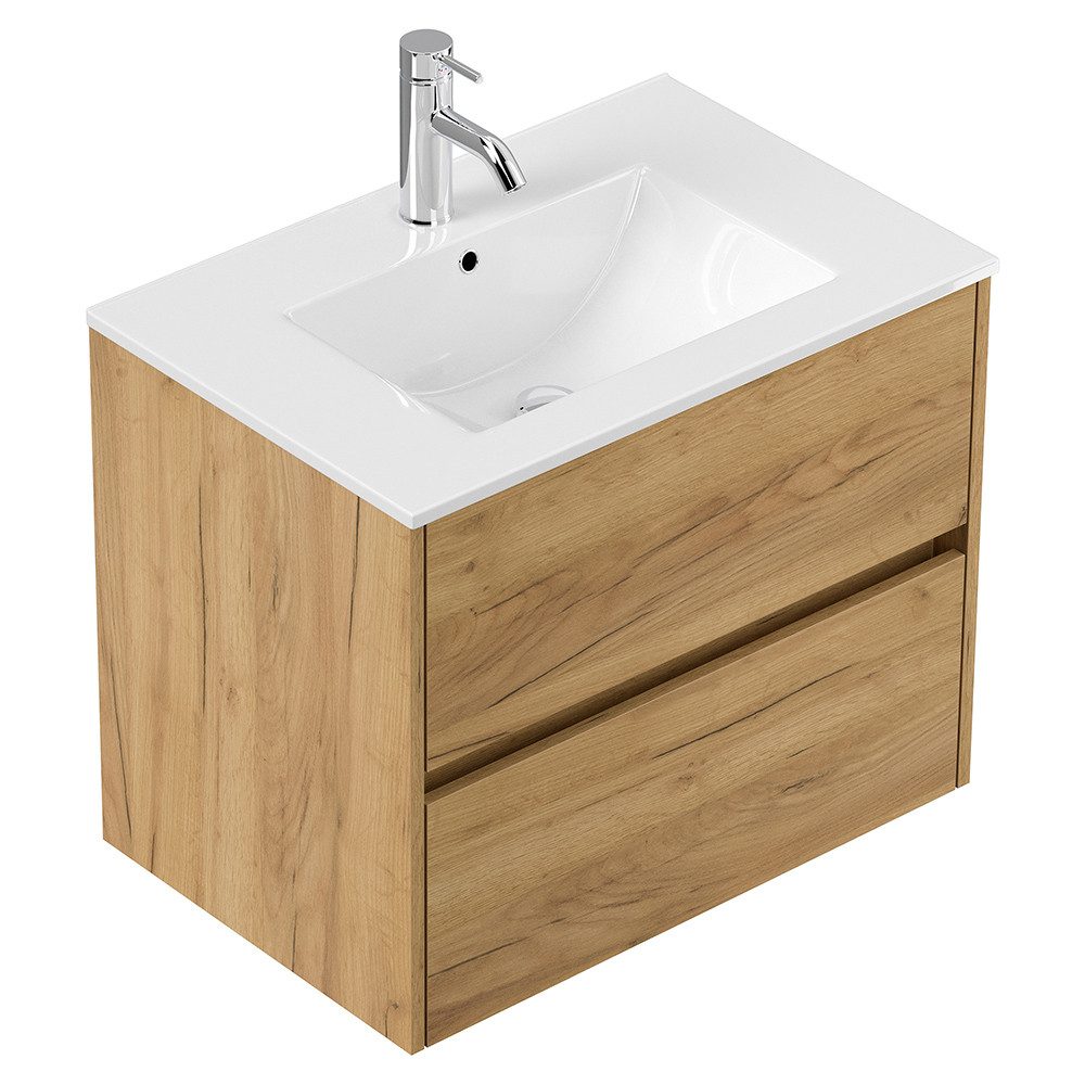 Lomadox Waschtisch LIVIGNO-02, 70cm breit, Keramikwaschbecken, Eiche