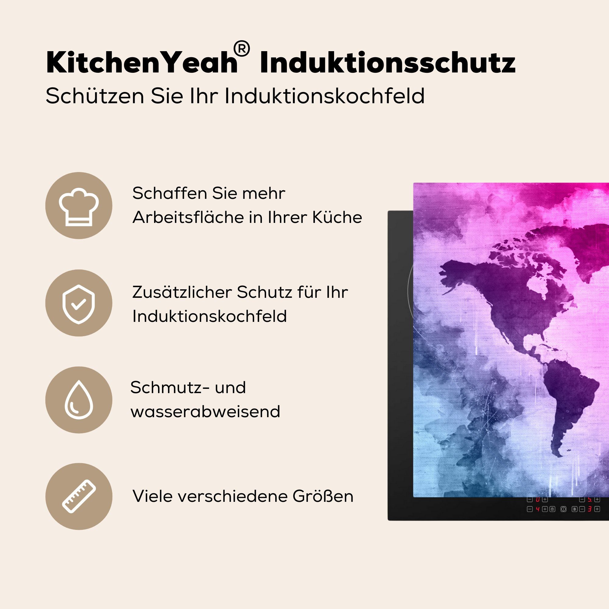 MuchoWow Herdblende-/Abdeckplatte Weltkarte - Blau die - küche, Ceranfeldabdeckung für Induktionskochfeld Vinyl, cm, Schutz (1 Rosa, tlg), 81x52