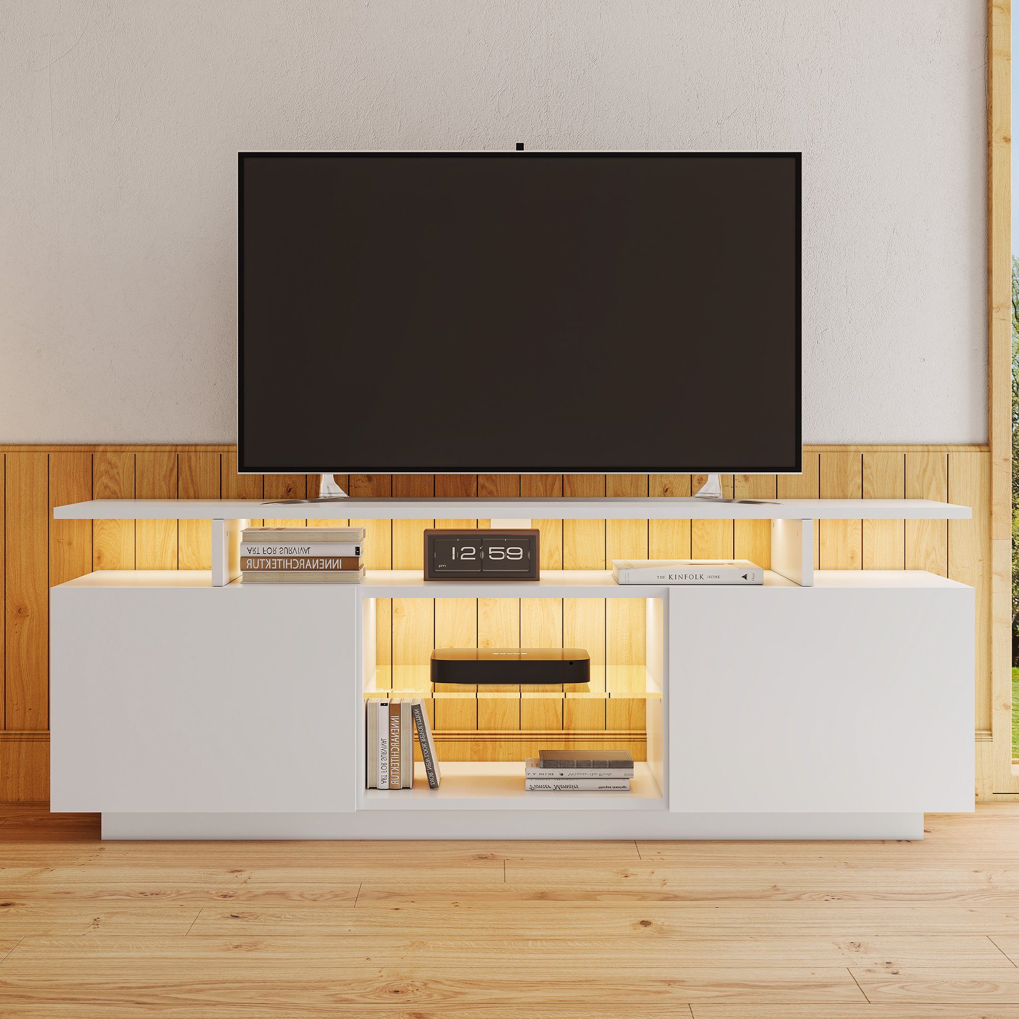 hochglänzend Odikalo Glasfächern Lagerschrank Sideboard weiß LED Türblätter 16 TV-Schrank