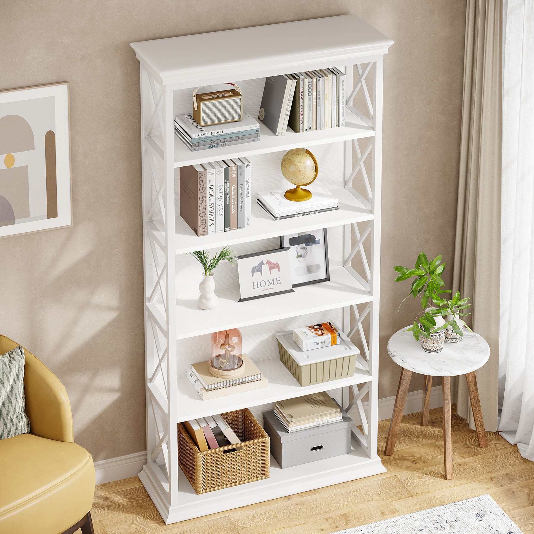 Tribesigns Bücherregal 6-stöckiges industrielles Eckregal,Holz und Metall, 5 Ablagen, Etagere