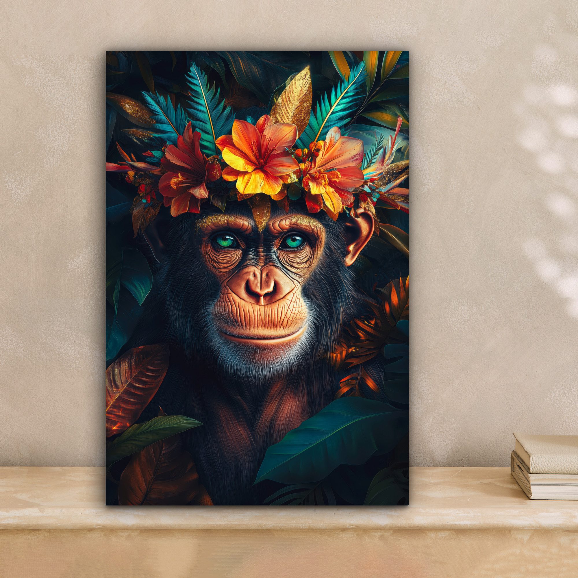 OneMillionCanvasses® Leinwandbild Schimpanse - Affe - Dschungel - Blumen - günstig online kaufen