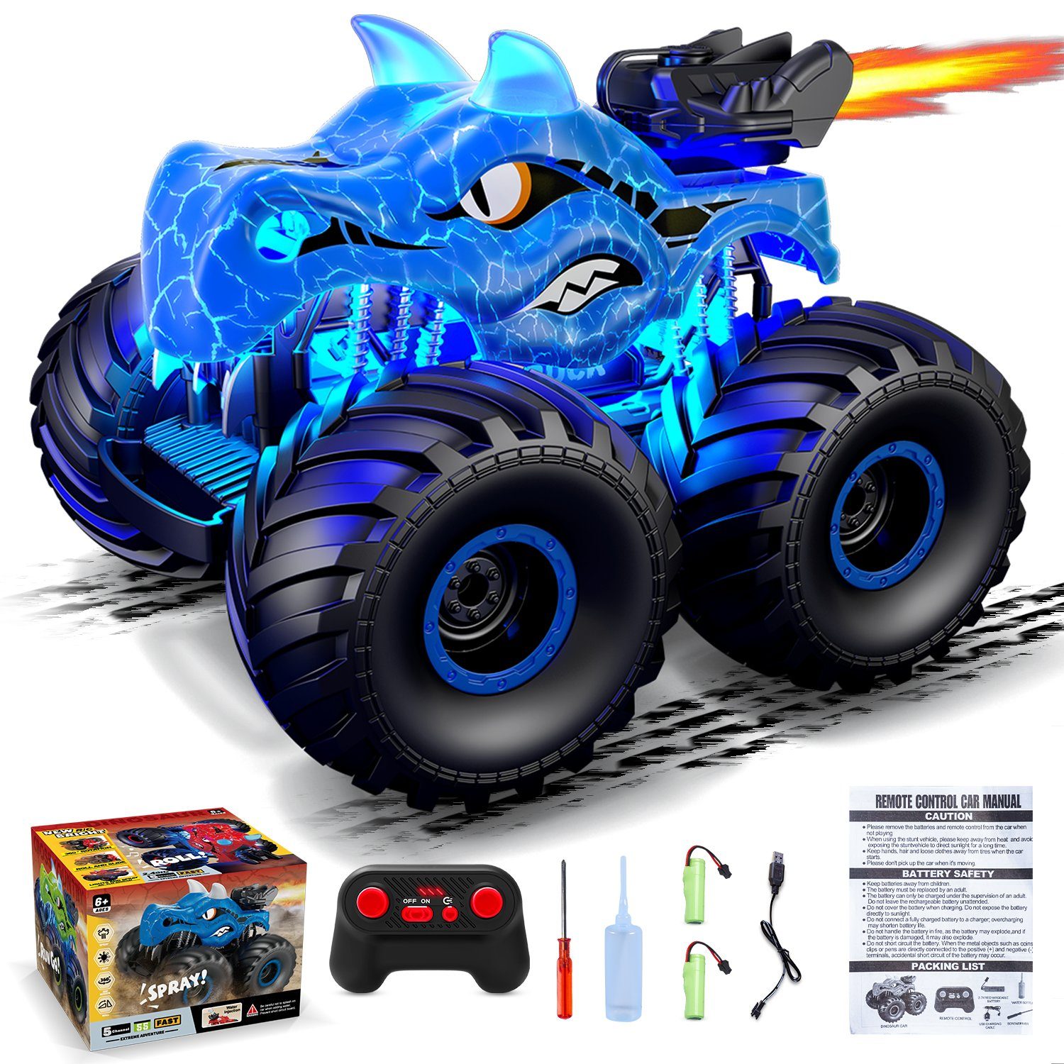 Esun RC-Auto Ferngesteuerter Monstertruck Ferngesteuert mitSpray (mit Licht und Sound), Ferngesteuertes Auto ab 3 4 5 6 8 Jahre Mädchen Kinder, mit 2 Akkus