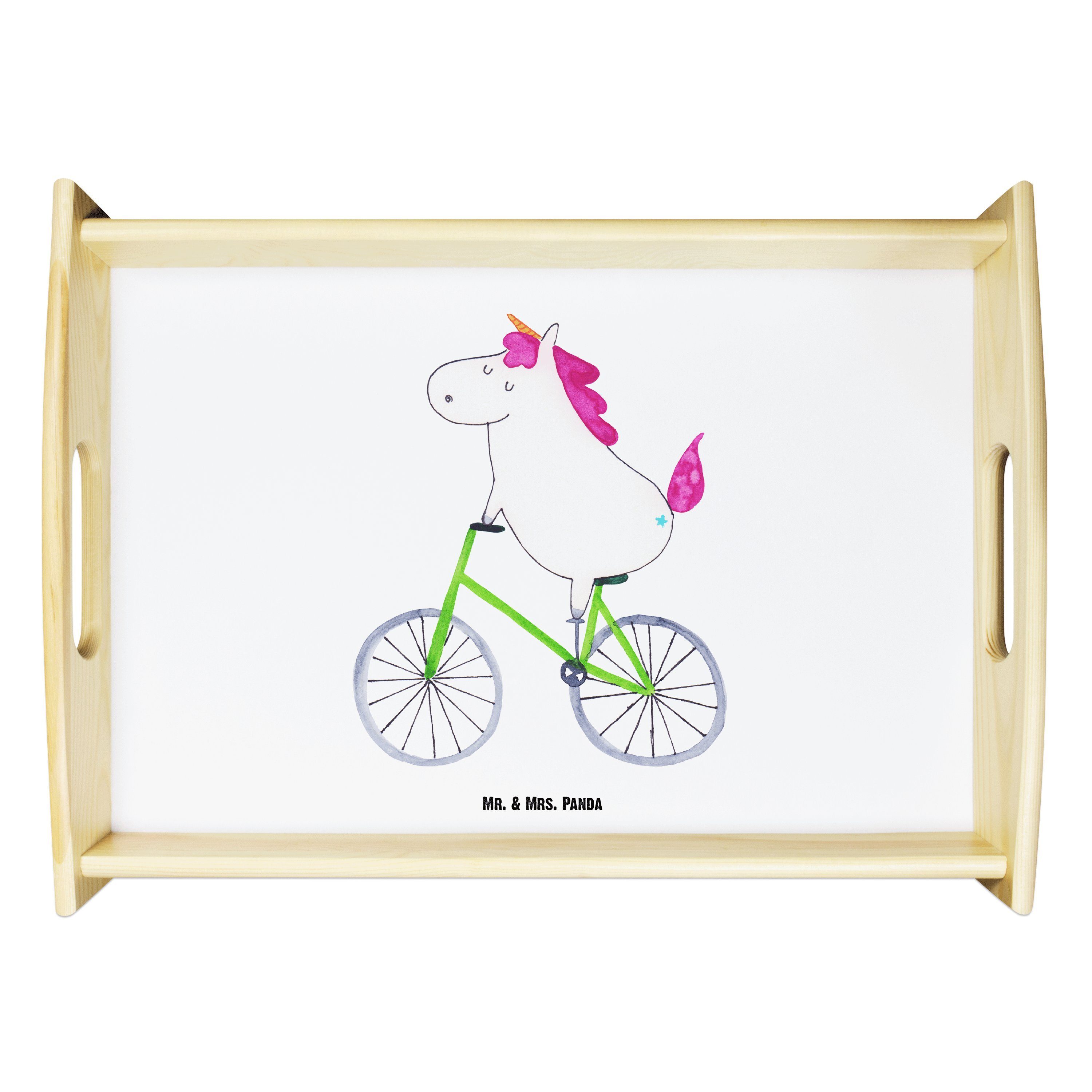 Mr. & Mrs. Panda Tablett Einhorn Radfahrer - Weiß - Geschenk, Kummer, Radfahren, Unicorn, Einh, Echtholz lasiert, (1-tlg)