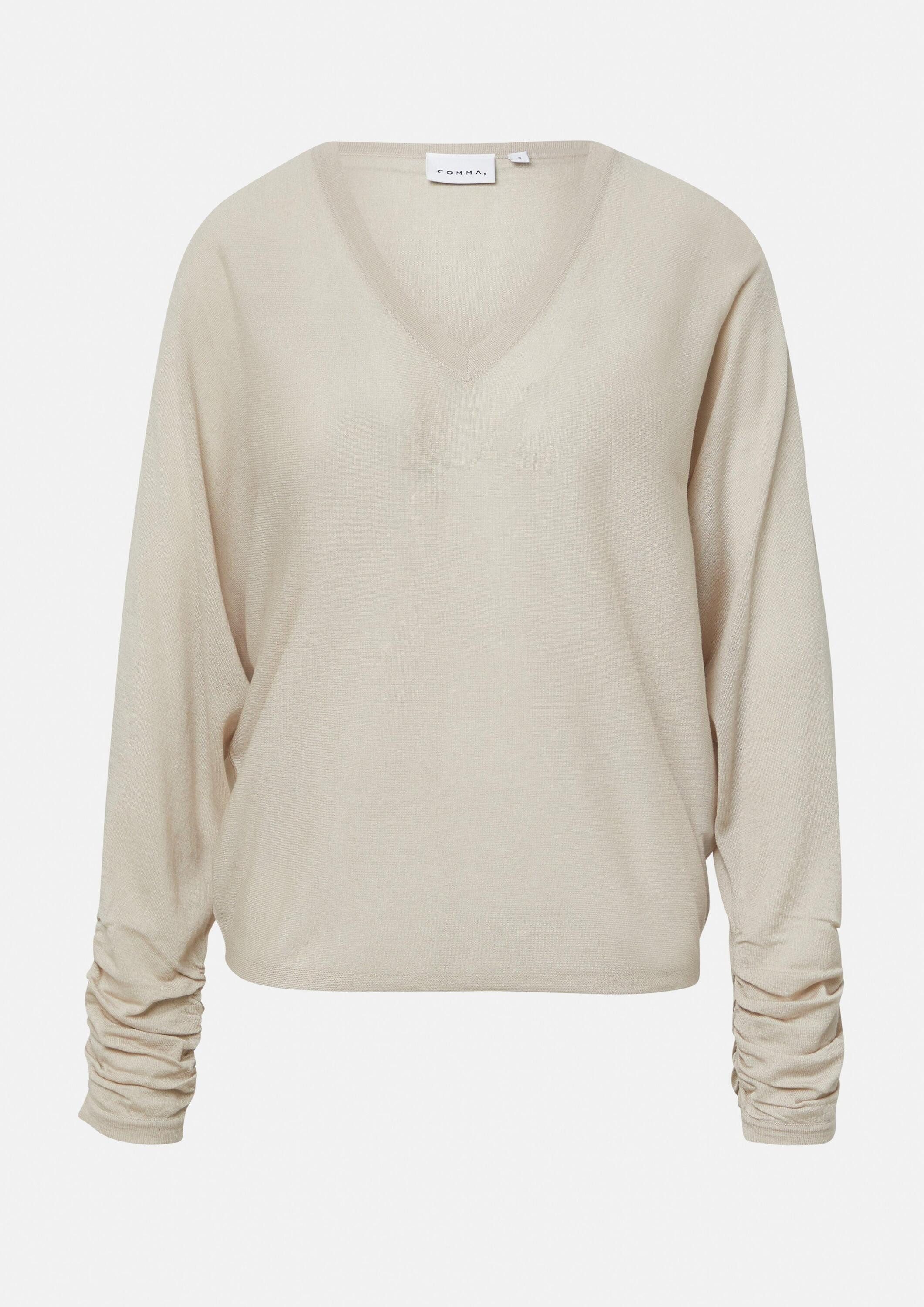 comma Longpullover Strickpullover Feinstrickpullover mit Fledermausärmeln und Raffung