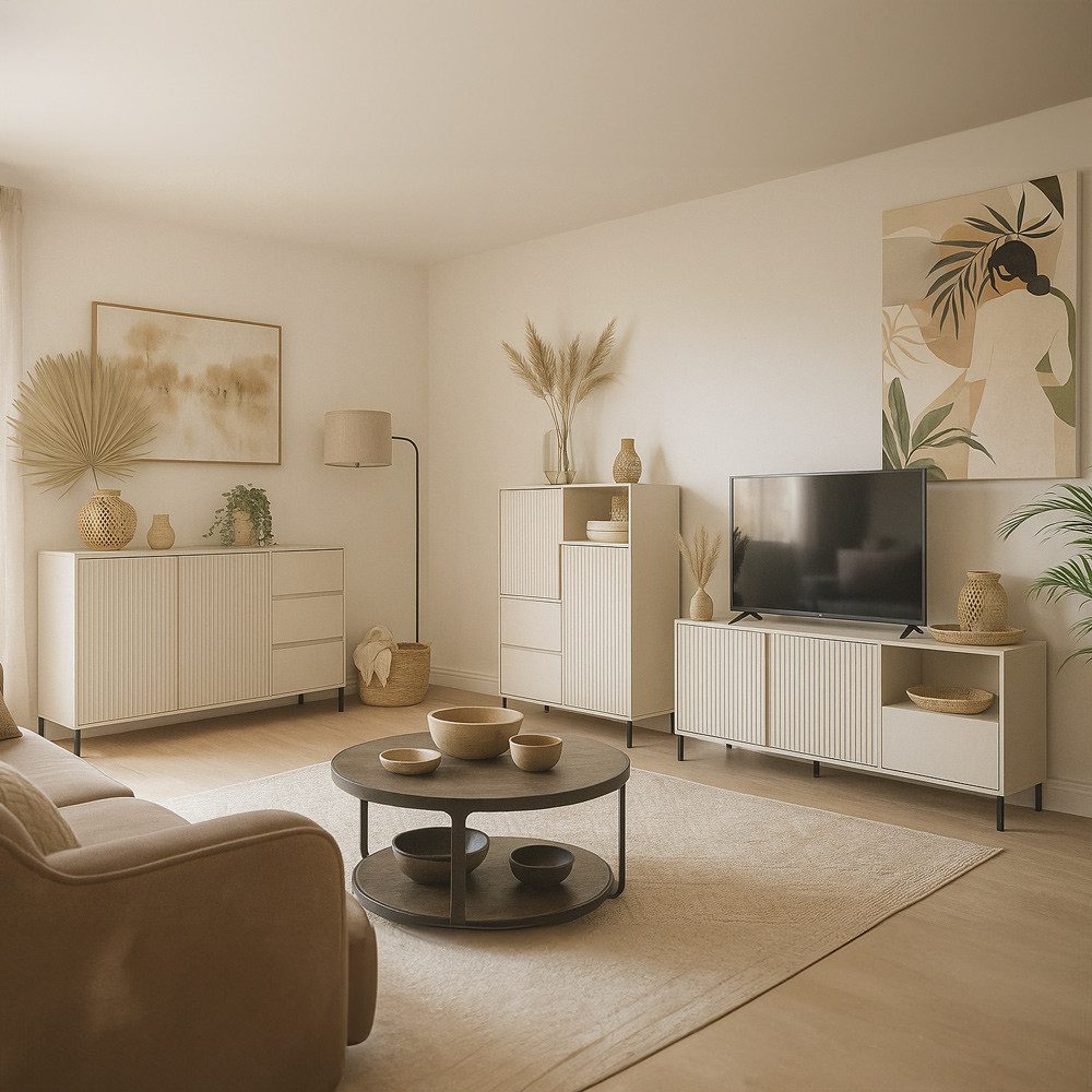 Lomadox Wohnzimmer-Set AMELIA-129, (Mega-Spar-Set, 3-St., Lowboard), Sideboard Highboard Lowboard Kaschmir Rillen