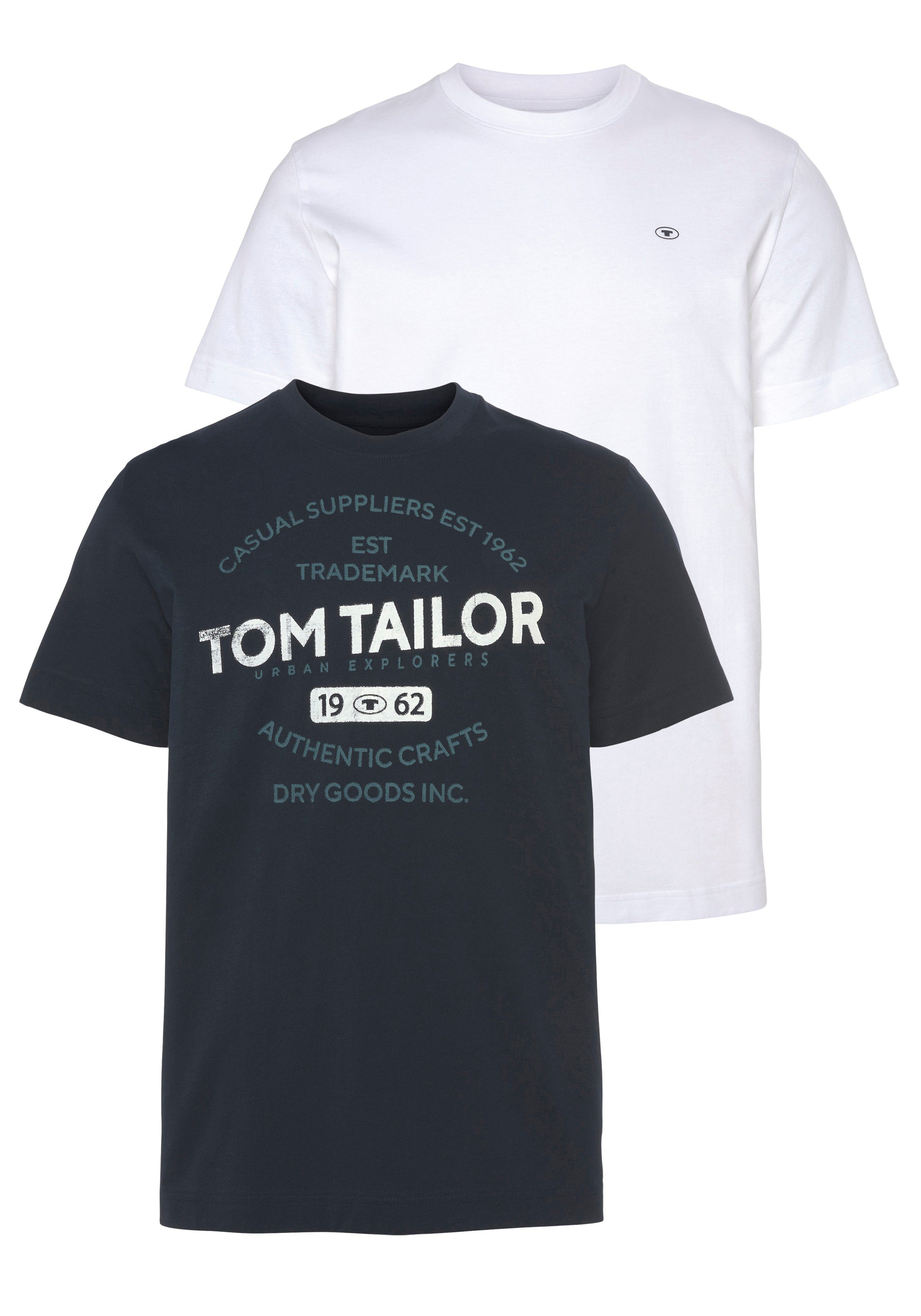 TOM TAILOR T-Shirt + mit Print der auf 2-tlg) dunkelblau Brust 1x Logo kleinem (Packung, 1x weiß großem mit