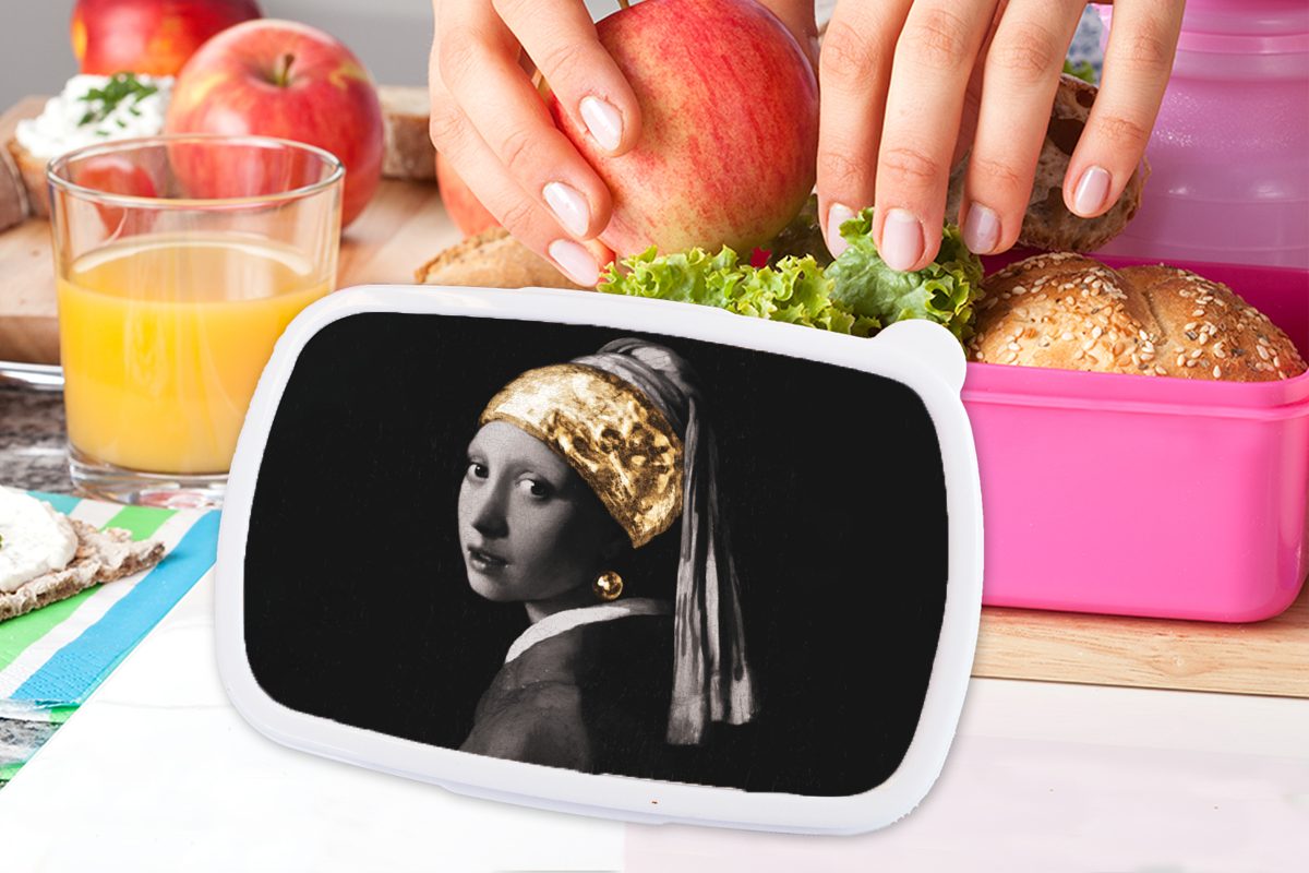 - Mädchen - Gold Kunststoff, rosa Brotbox mit Kinder, Erwachsene, - Lunchbox Brotdose Mädchen, Kunststoff Snackbox, Perlenohrring Weiß, Schwarz MuchoWow (2-tlg), für Vermeer -