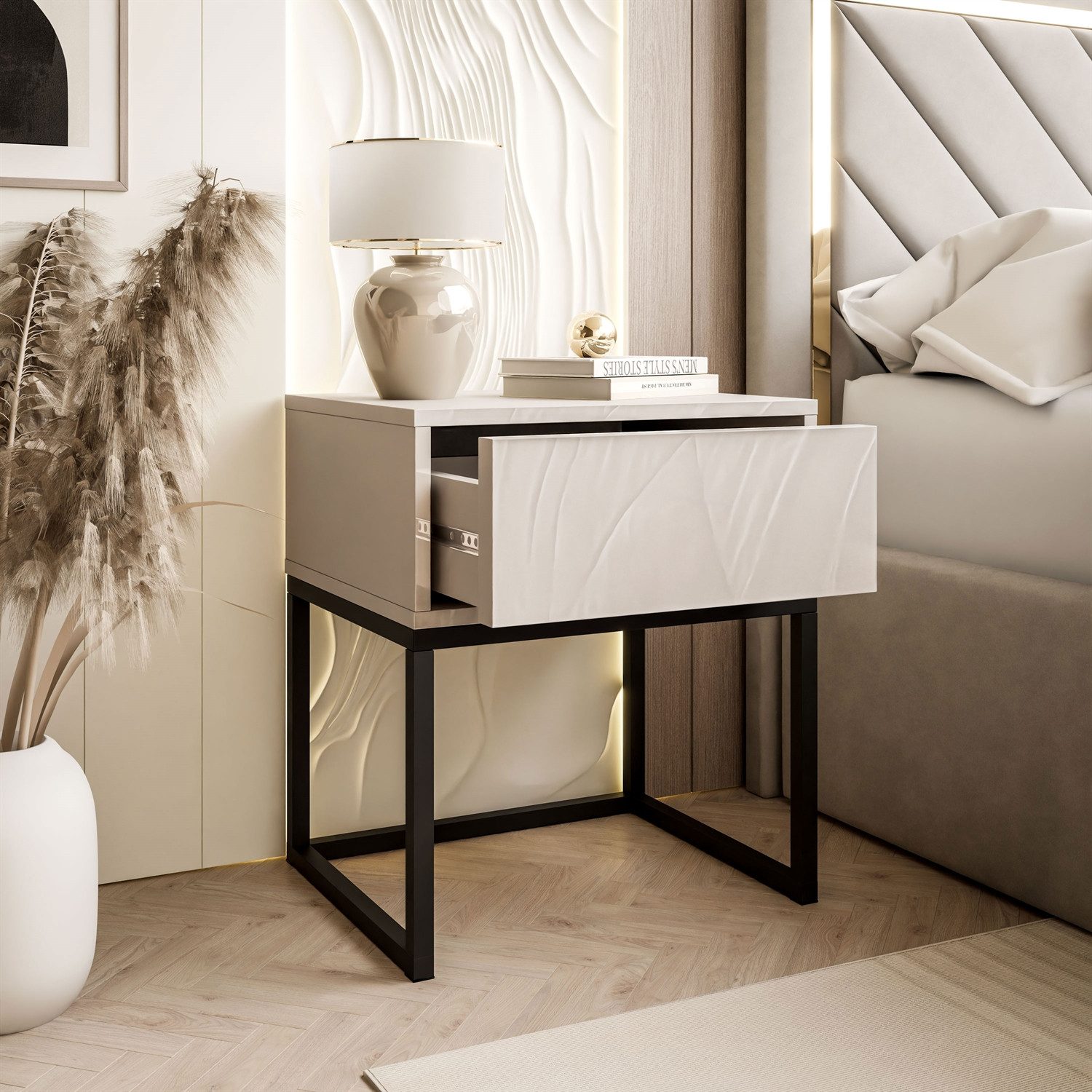 Lookway Nachttisch BLANCO Kaschmir auf Gestell – Moderner Nachtschrank fürs Schlafzimmer (1x Nachttisch), Breite: 45 cm