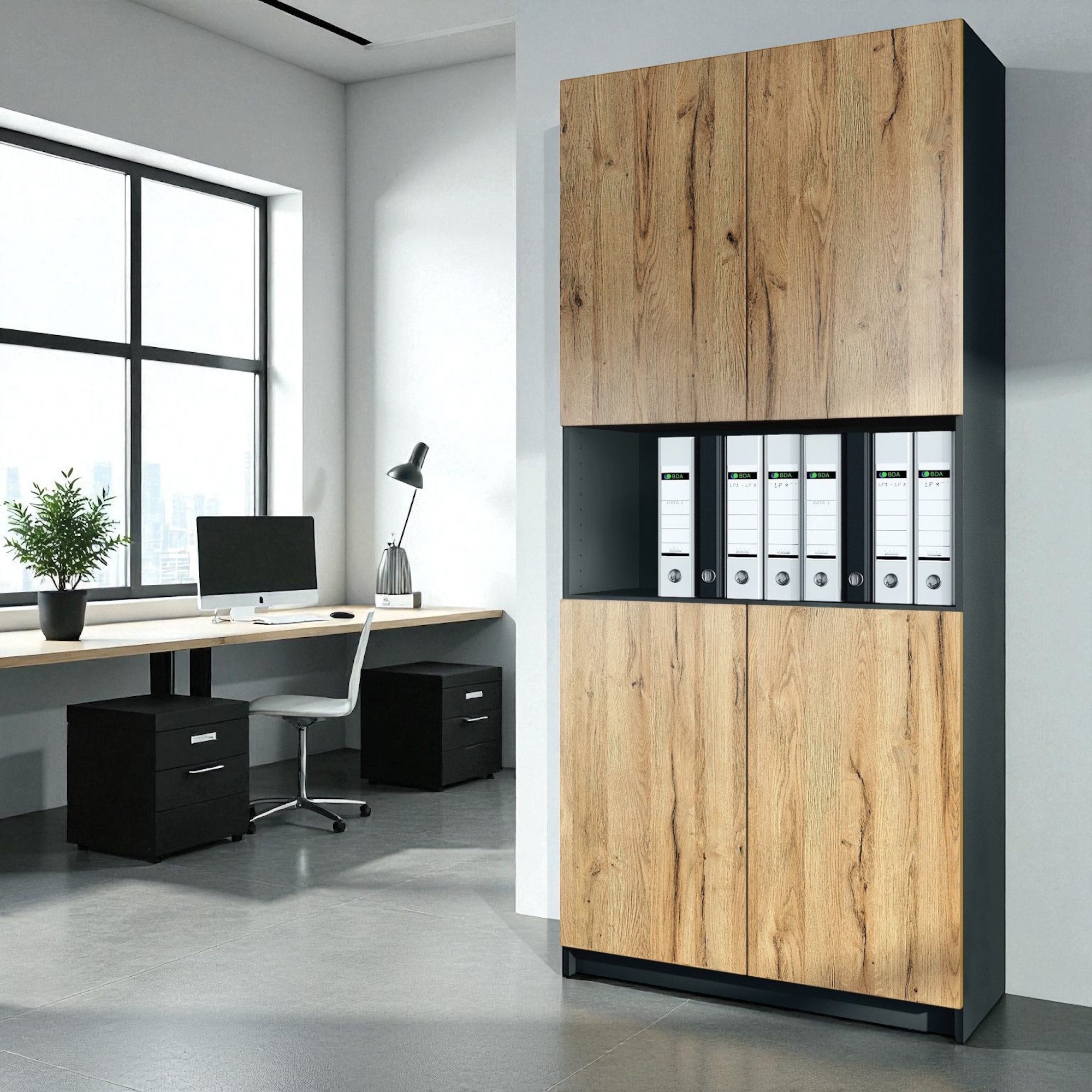 InnoFurn Aktenschrank Elona M2 Büroschrank (Ordnerschrank, Schrank für Büro, Home Office (82 x 184 x 37 cm) Aufbewahrungschrank mit Soft-Close & Push-to-Open