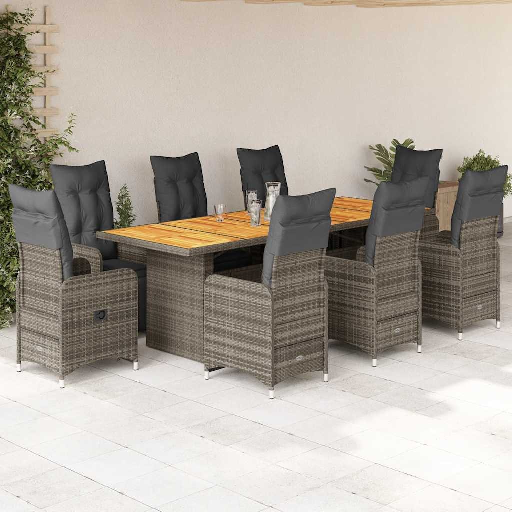 vidaXL Bar-Set, 9-tlg. Garten-Bistro-Set mit Kissen Grau Poly Rattan