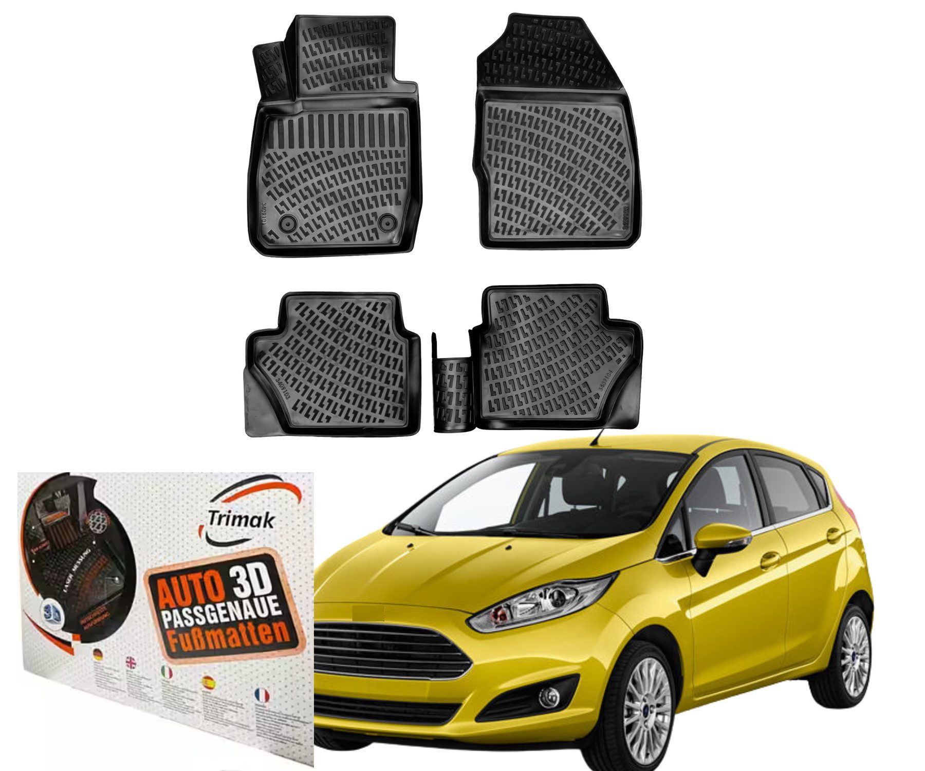 Trimak Passform-Fußmatten Oder Kofferraumwanne Oder Set für Ford Fiesta, Ford Fiesta 2008-2017 Gummimatten Auto TPE Allwetter Fussmatten