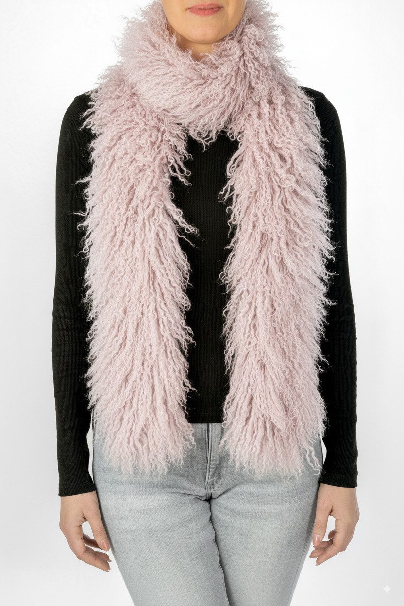 LIRA Deko Wollschal 100 % Lammfell Damen BOA Tibetlamm Schal mongolischer Schal Pelzschal, Design BOA Damenschal, feingelockt, 100 % Tibetlamm, Länge 140 cm