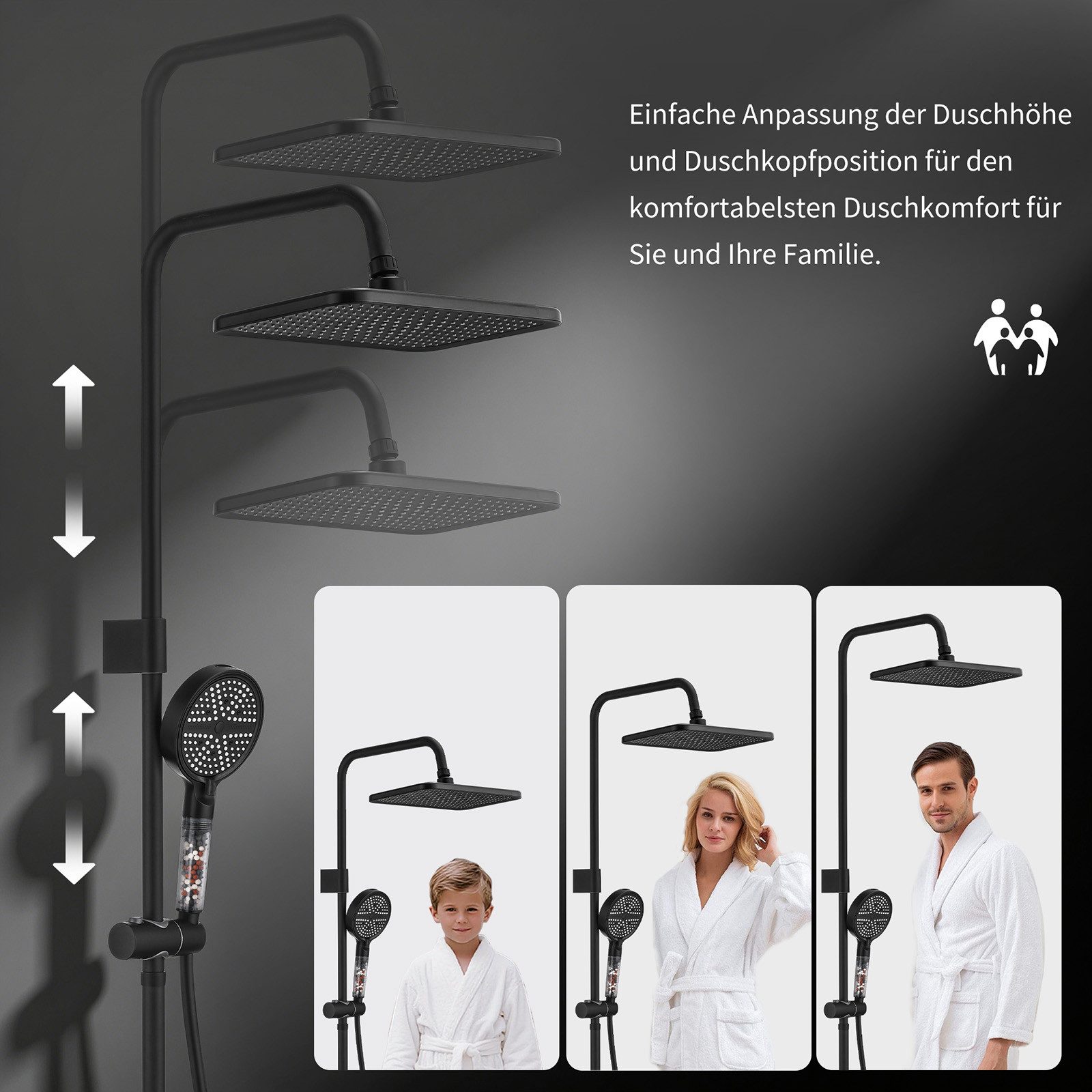 HOMELODY Duschsystem mit Badewannenarmatur, 30×20 cm Regendusche, 6-Strahl-Handbrause, SUS304 Edelstahl, höhenverstellbar, Filter-Handbrause, Schwarz – Bild 5 von 5