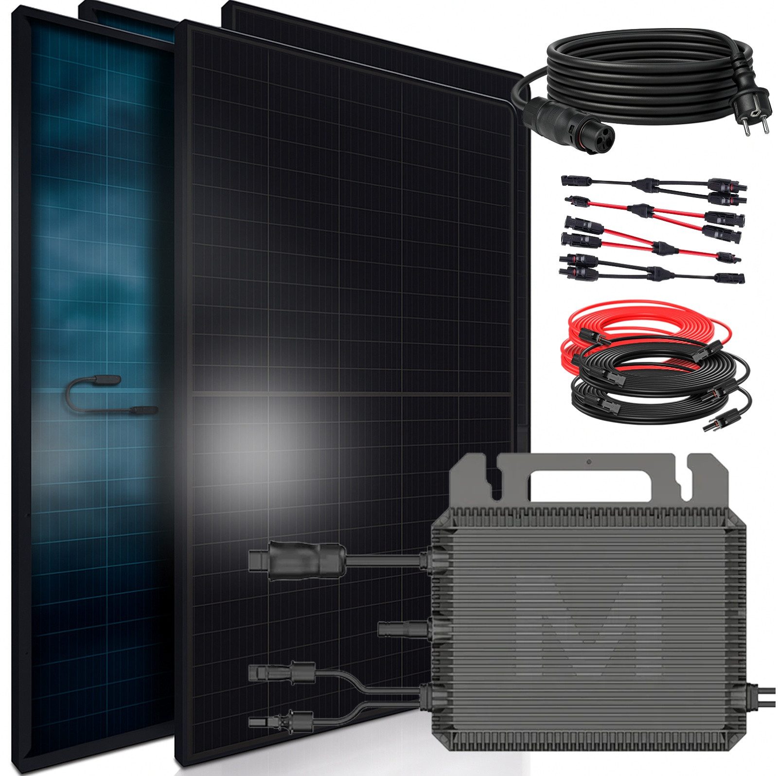 SUNNIVA Balkonkraftwerk 1840W BIFAZIAL FULLBLACK, (komplett Steckdose MARSTEK 800Watt Wechselrichter, PV Solaranlage Komplettset, 4x460W N-Type Glas-Glas Bifacial Сонячні панелі, 5m Kabel, 4x1m Solarkabel)