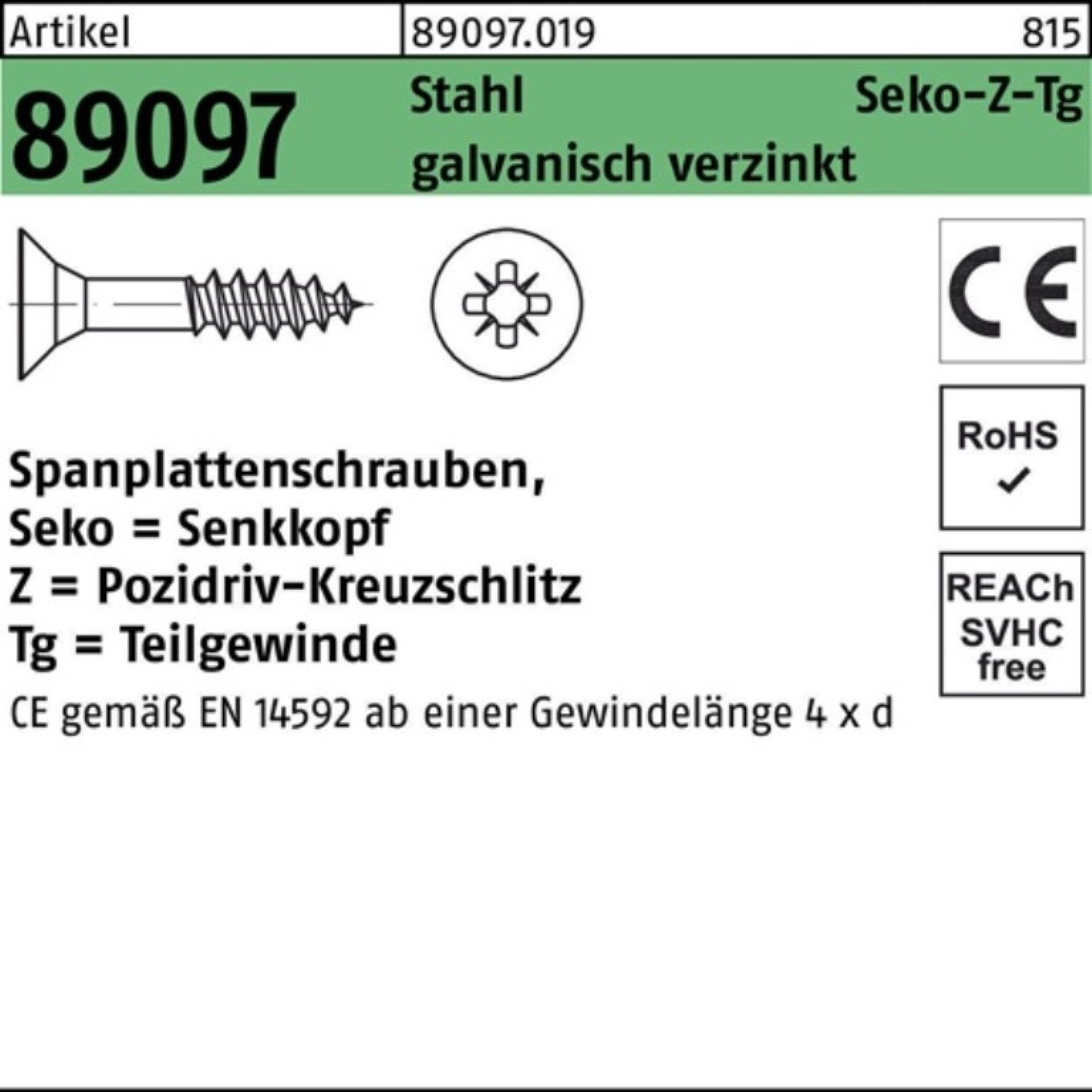 Reyher Spanplattenschraube 500er Pack Spanplattenschraube R 89097 SEKO PZ TG 5x45/27-Z Stahl galv