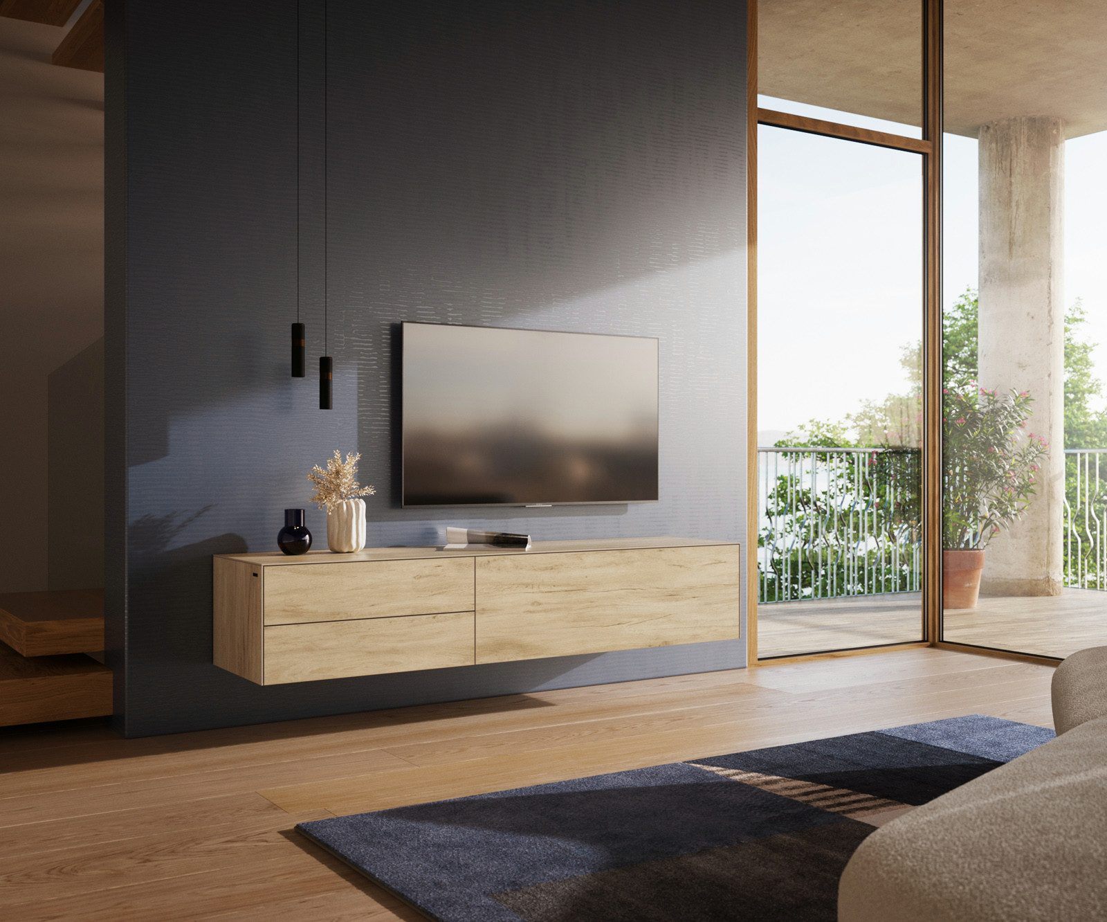 DELIFE Lowboard Cuor, Keramik Laminam® Sabbia Eichefarbig 180 cm 1 Klappe 2 Schubfächer Schw