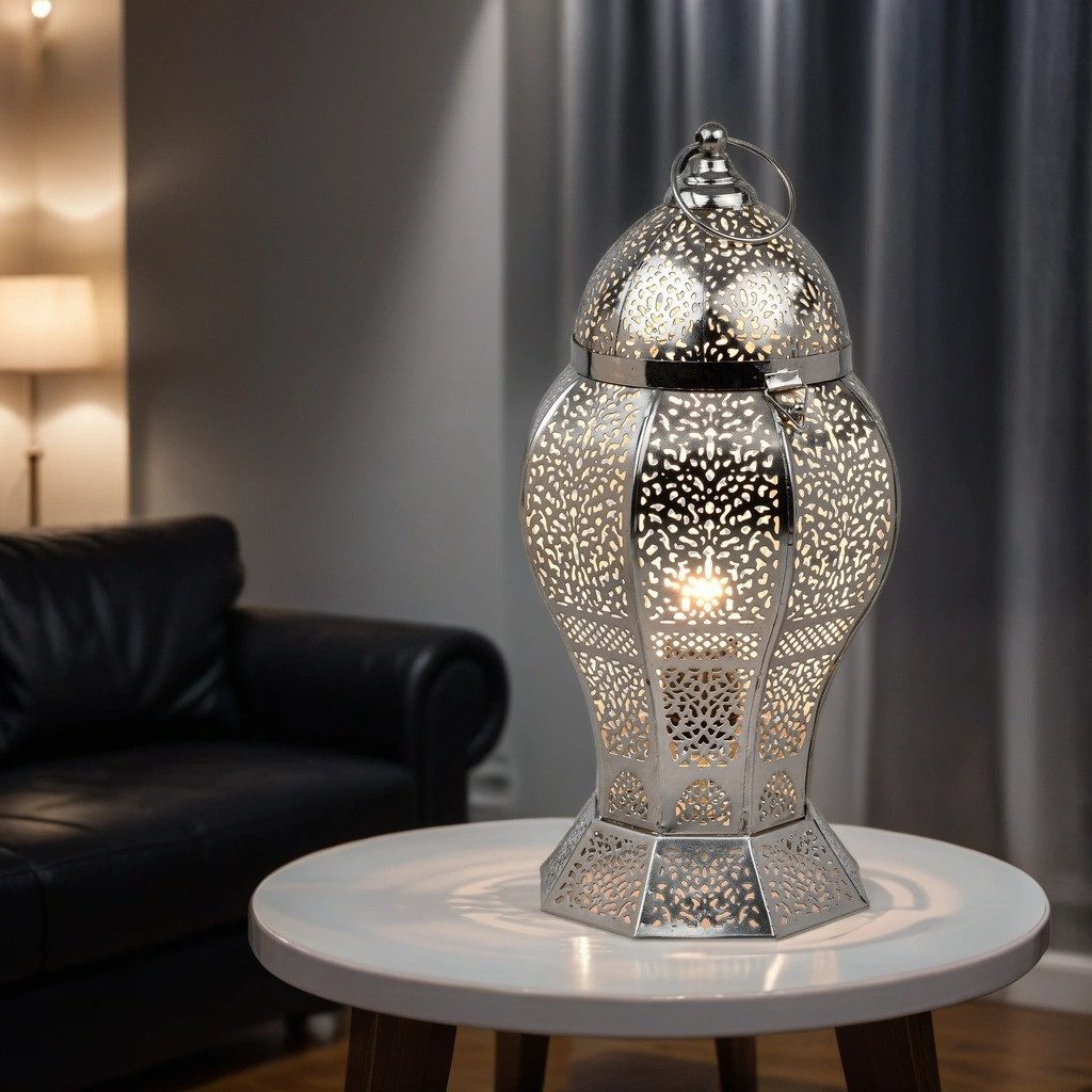 Marrakesch Orient & Mediterran Interior Nachttischlampe Orientalische Tischlampe Jaleel handgemacht aus Metall in Silber 39 cm, Leuchtmittel nicht im Lieferumfang enthalten, Handarbeit