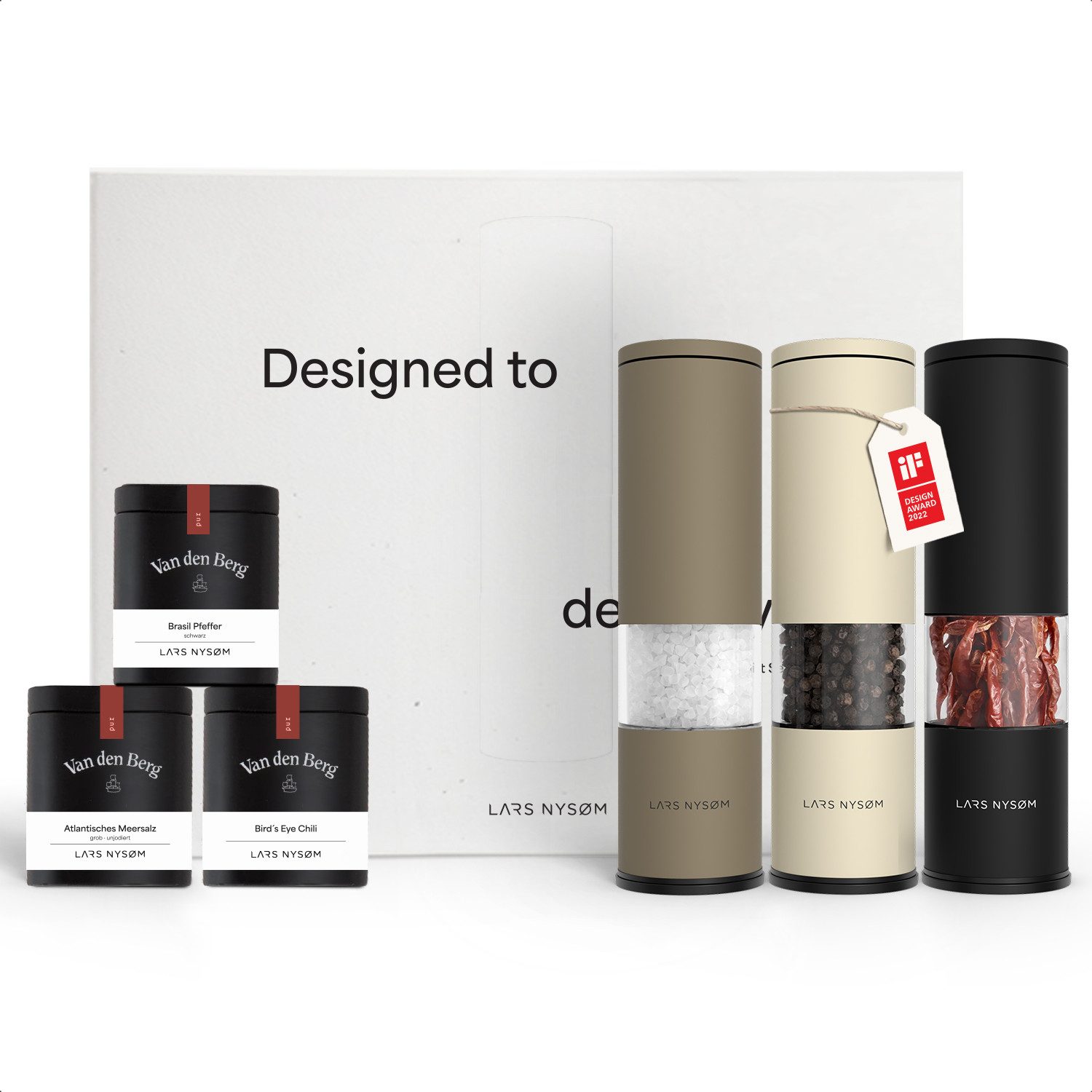 LARS NYSØM Gewürzmühle Lagom manuelle Bedienung, (2 Stück), Hochwertiges Geschenkset mit 3 Mühlen und 3 Gewürzen