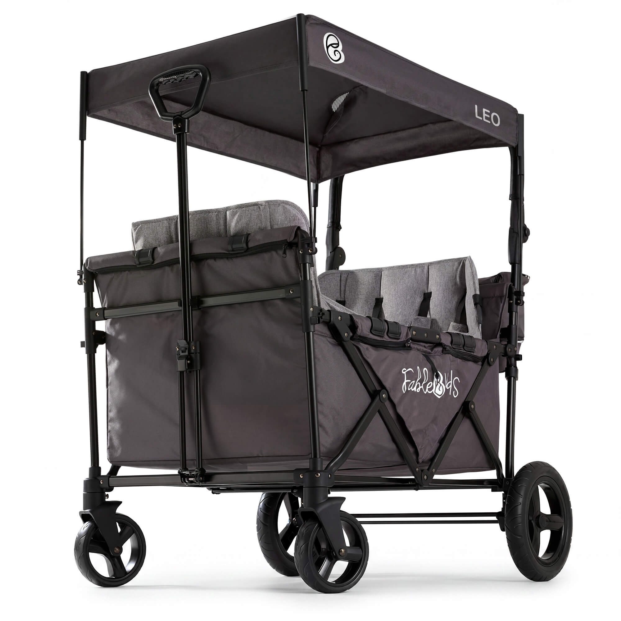 FableKids Bollerwagen LEO X4Plus – Faltbarer Transportwagen mit Dach 5-Punkt-Gurt (Fossil Grau), Hecktasche, Abdeckhaube