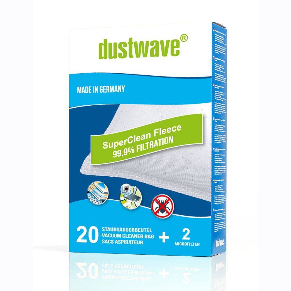 Dustwave Staubsaugerbeutel Megapack, passend für Bestron DBB 2500 E / DBB2500E, 20 St., Megapack, 20 Staubsaugerbeutel + 2 Hepa-Filter (ca. 15x15cm - zuschneidbar) | Staubsaugerbeutel