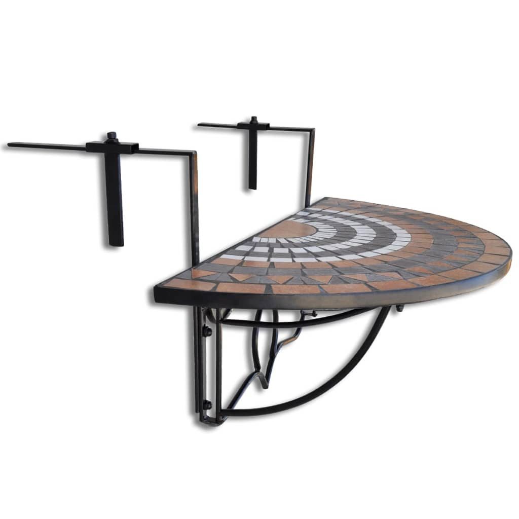 furnicato Gartentisch Halbrunder Balkontisch 76x56x64 cm mit Terrakotta, Weiß und Schwarz (1-St), Klappbarer Outdoor-Tisch mit pflegeleichtem Keramik-Mosaik-Design
