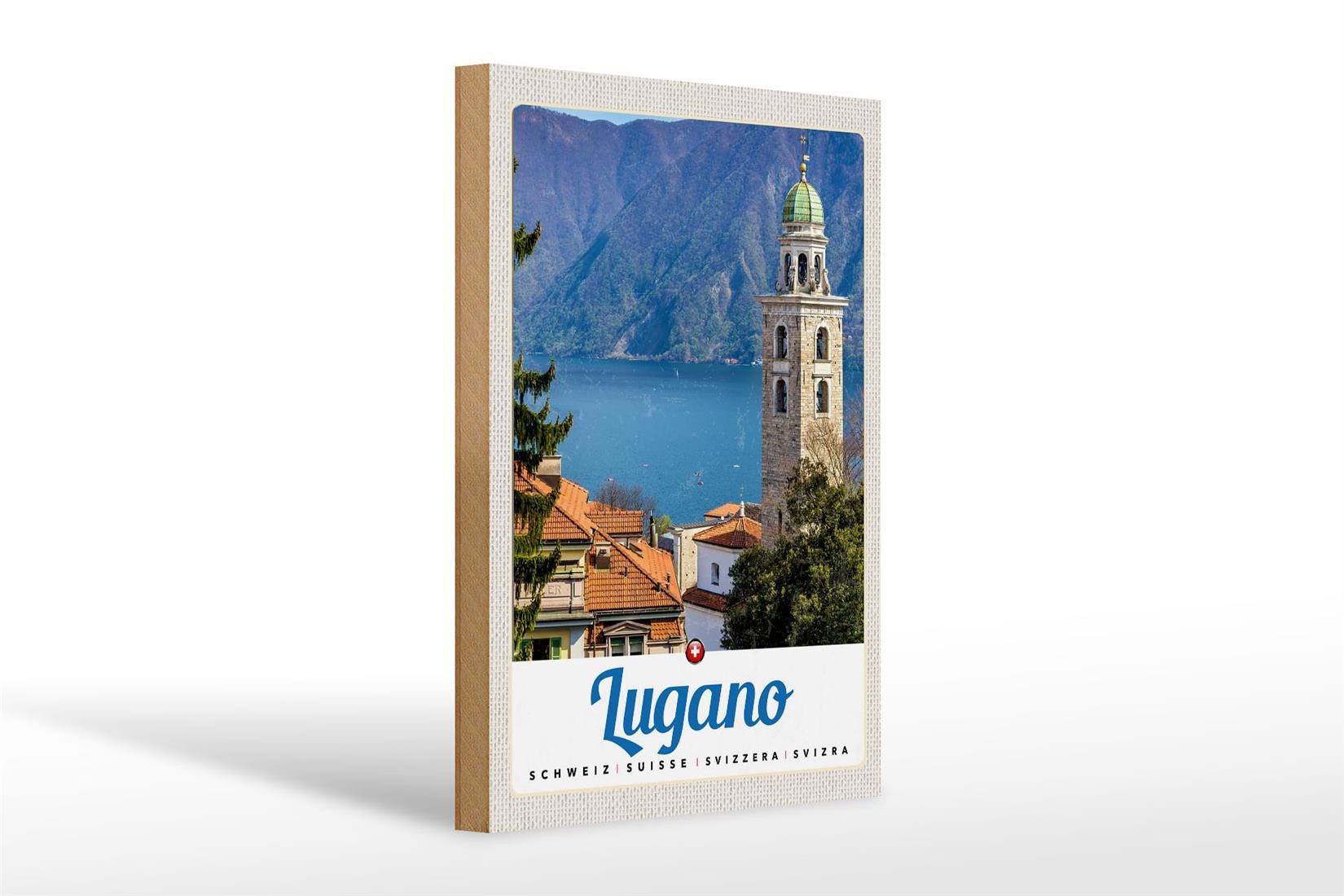 Holzbild Reise 20x30cm Lugano Schweiz See Kirche Gebirge