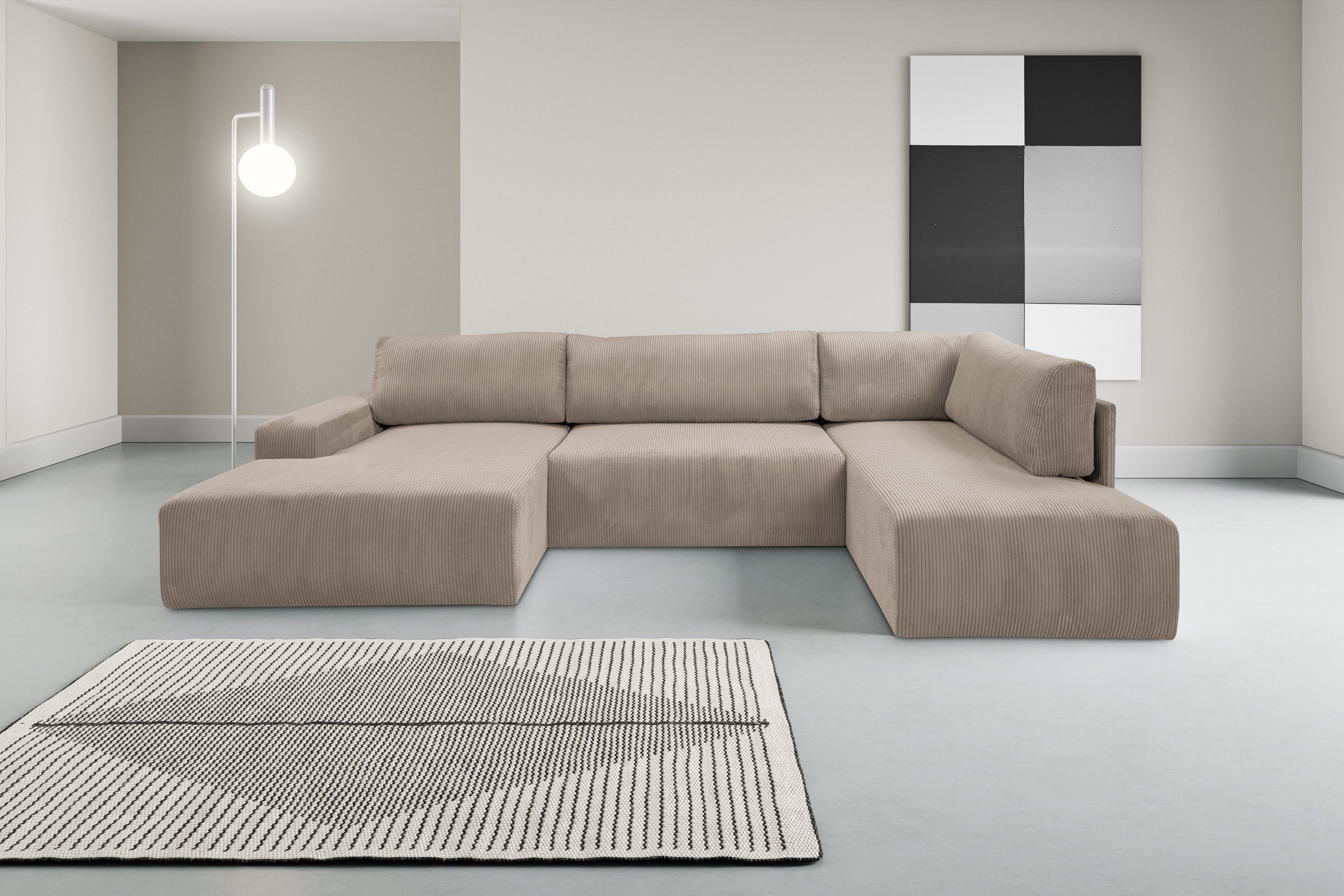 WERK2 Wohnlandschaft Rotterdam-U, U-Form, in kuschelweichem Cord oder Breitcord, Design Sofa mit Schlaffunktion & Bettkasten, Cord, Hellgrau/Beige