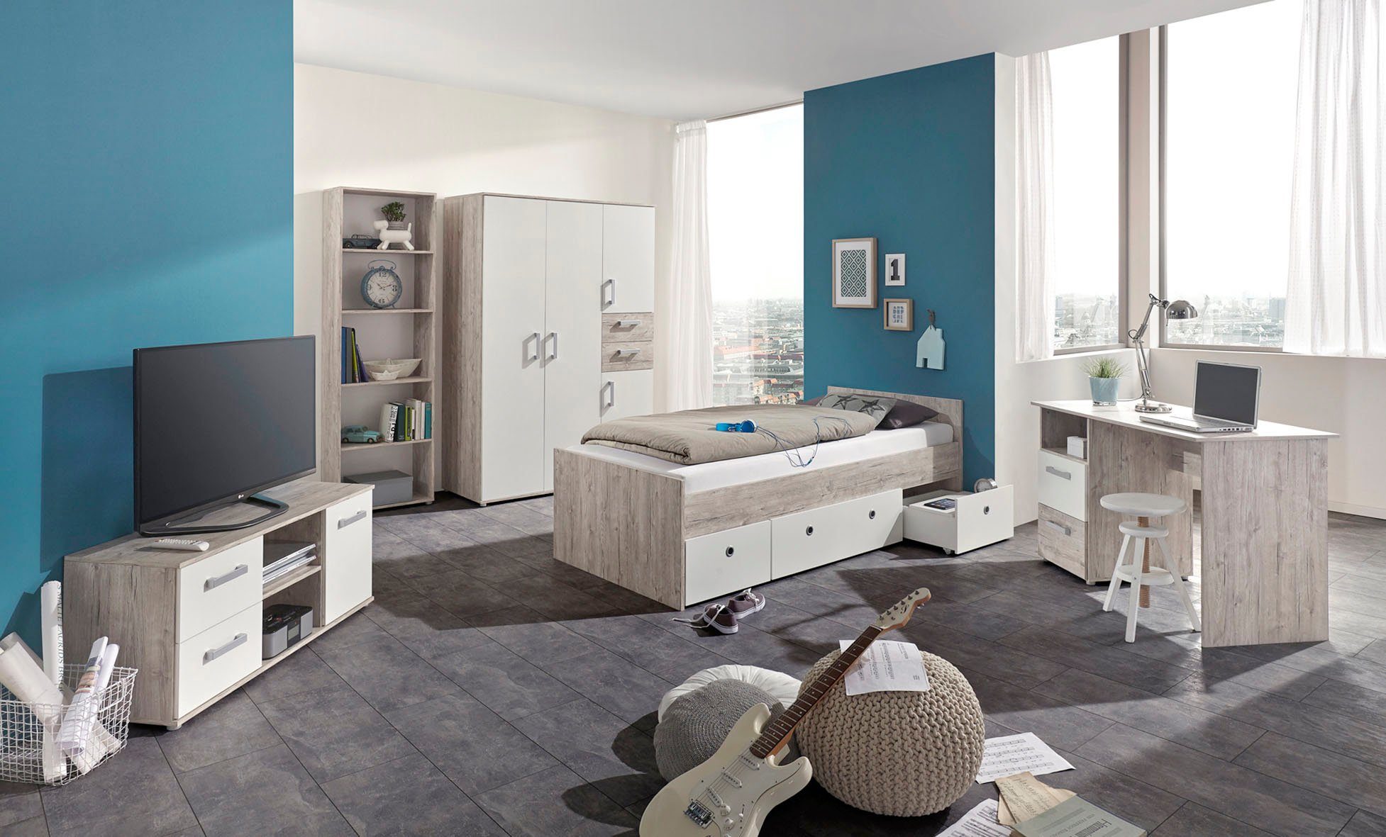 arthur berndt Jugendzimmer-Set "Bente" OTTOs Choice! Topseller, viel Stauraum, Made in Germany, (Set, 5-tlg., Bett + Kleiderschrank 4 Türen + Schreibtisch + Standregal + Lowboard), komplettes Jugend- und Kinderzimmer, toll für kleinere Räume