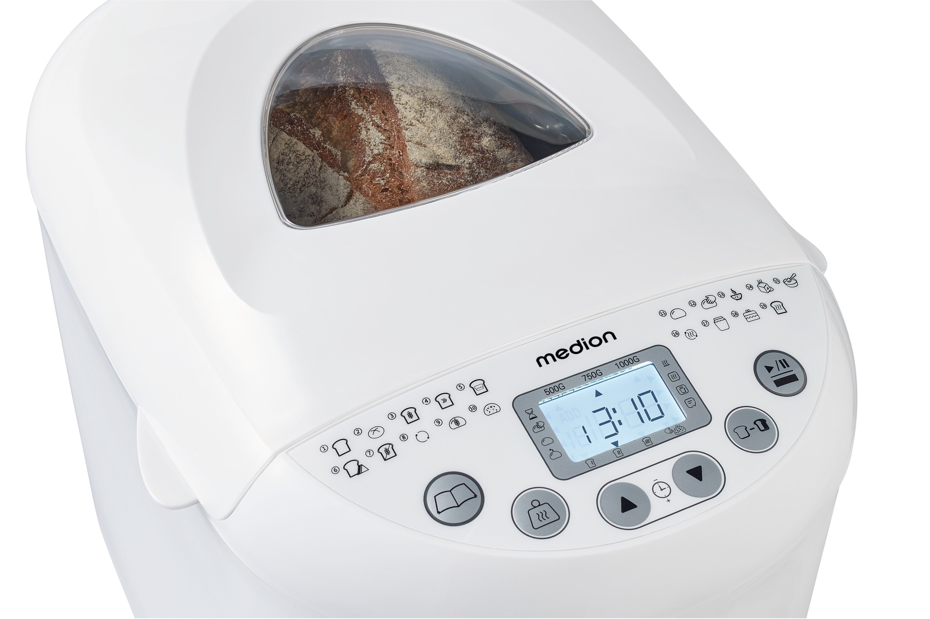 Medion® Brotbackautomat MD 11011, 19 Backprogramme, 3 Bräunungssufen, Startzeitvorwahl, 19 Programme, Bis zu 1000g Fassungsvermögen, Warmhaltefunktion