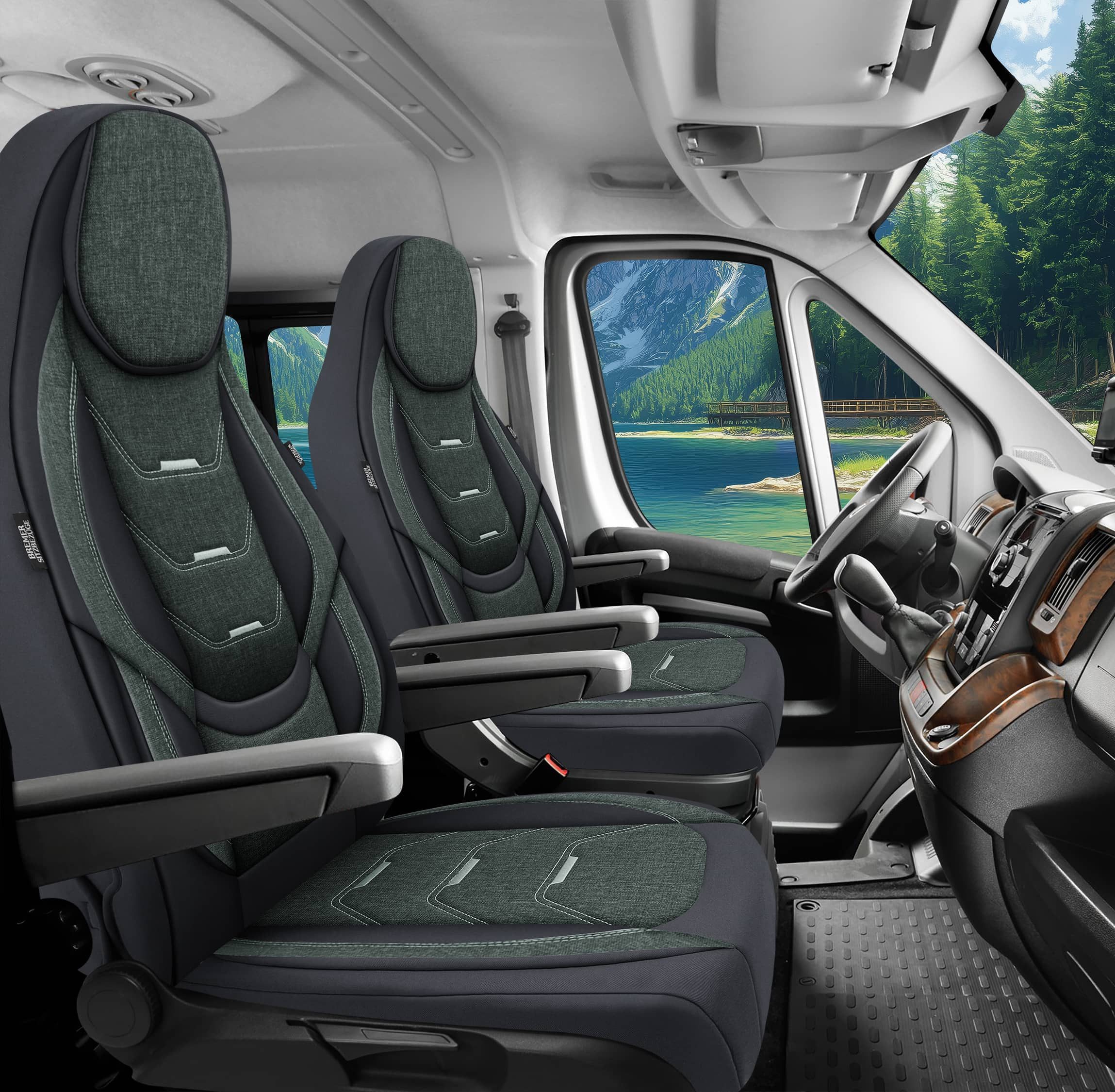 BREMER SITZBEZÜGE Autositzbezug für für Hobby Optima De Luxe (H13), Set, Schonbezüge Sitzbezüge Fahrer und Beifahrer, in Schwarz/Olivgrün