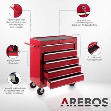 Arebos Werkstattwagen Werkstattwagen 5 Fächer, zentral abschließbar, rot, (Werstattwagen 5 Schubladen blau)